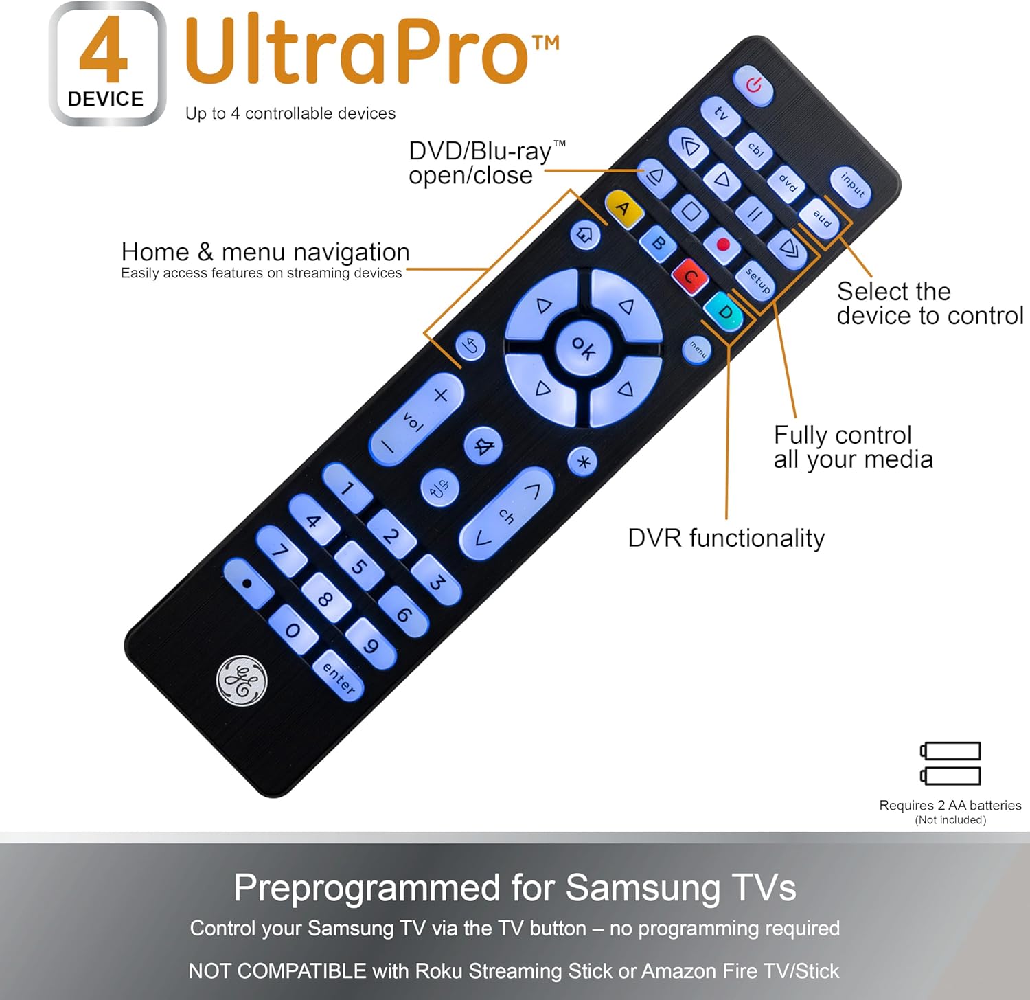 Thumbnail 2 de GE Backlit Buttons Universal Remote Control (4-Device) for Samsung TV, Roku, Vizio, LG, Sony & more
