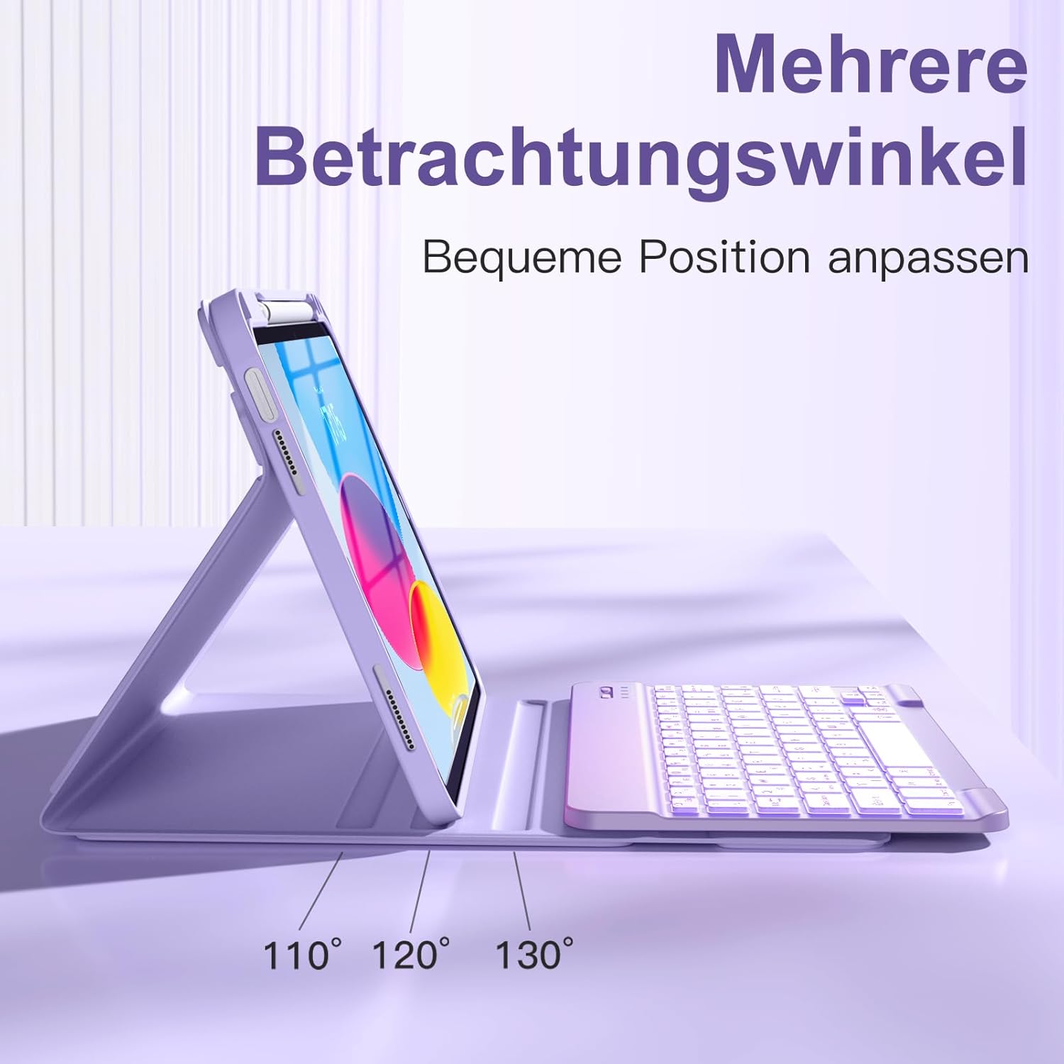 Thumbnail 4 de Vobafe Tastatur-Hülle für iPad A16 (11/10.9 Zoll) mit abnehmbarer Magnet-Tastatur & beleuchteten Tasten – Lavendel