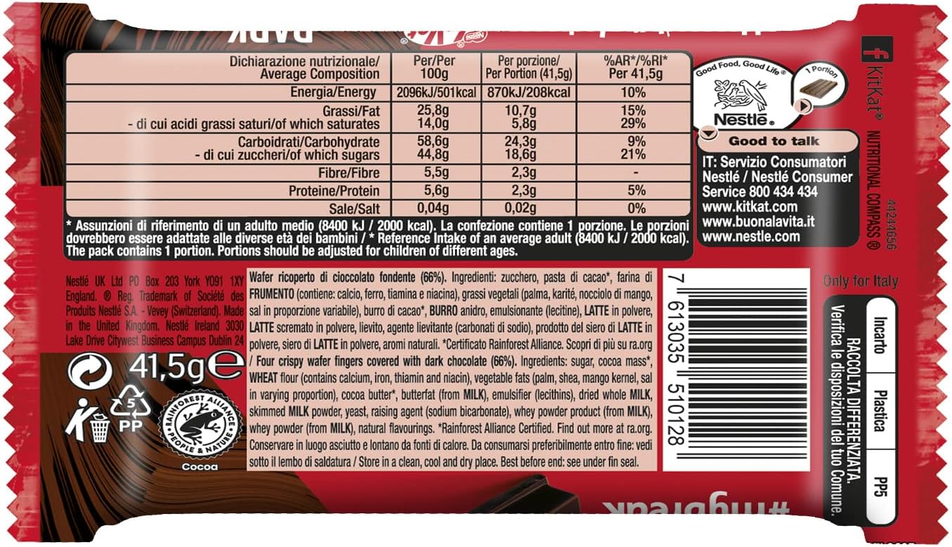 Thumbnail 1 de KITKAT Dark Wafer: 24 snack di wafer croccante ricoperti di cioccolato fondente (996 g) per appassionati del cacao