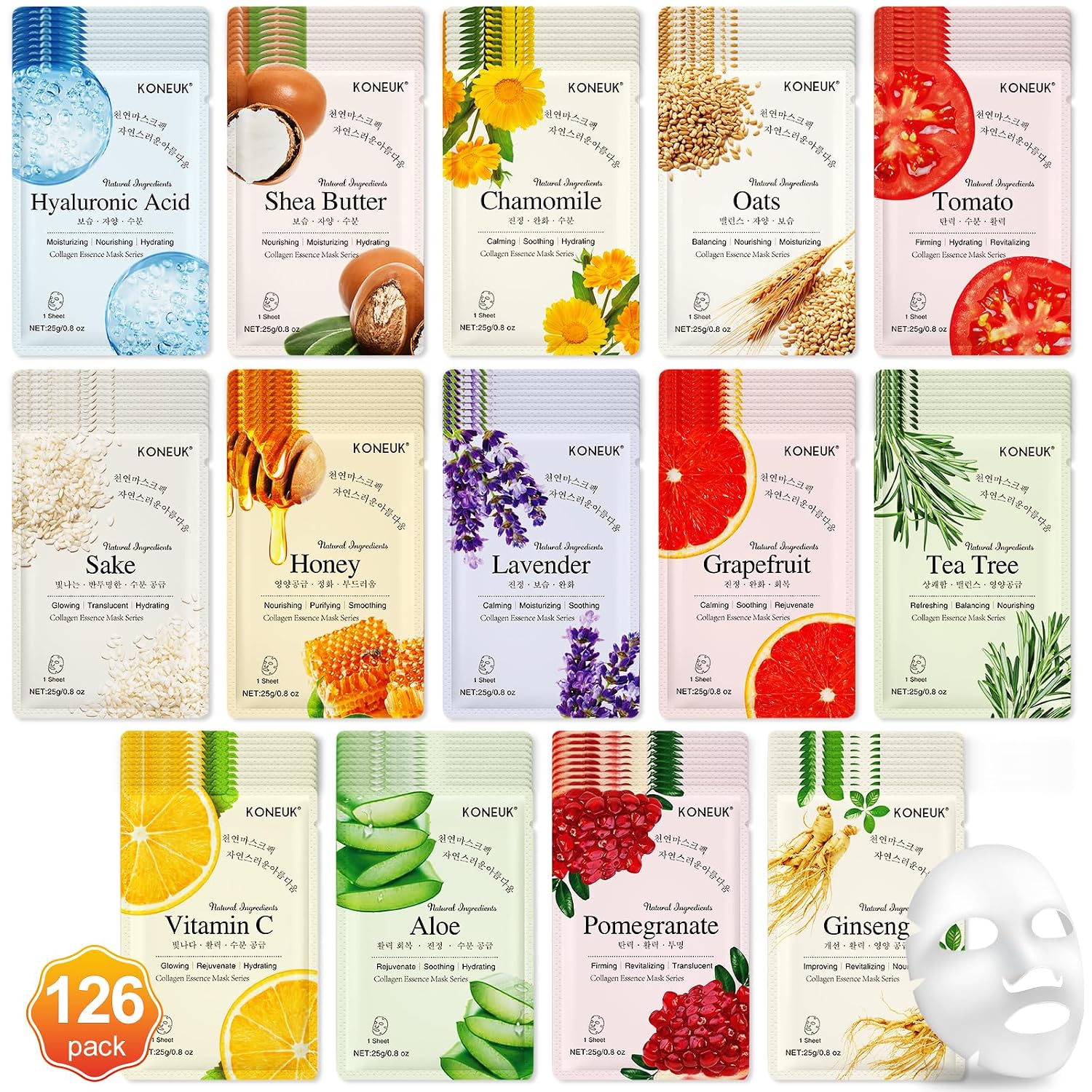 Detalle de KONEUK 126 Pack Sheet Masks Skincare – Hydrating Bulk Face Masks for All Skin Types