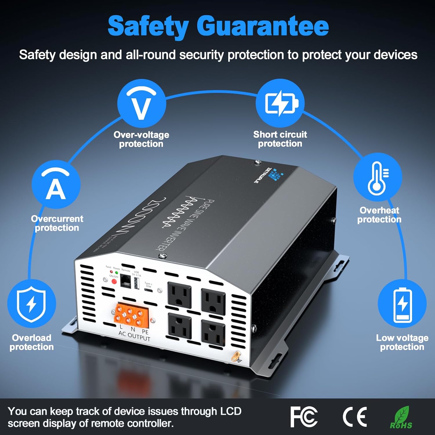 Detalle de ZETAWALE 2000W Pure Sine Wave Inverter (12V DC to 110/120V AC) with LCD Remote, USB & Type-C, 4 AC Outlets