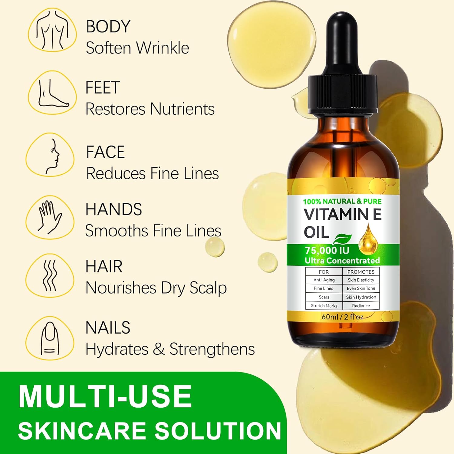 Detalle de Vitamin E Öl 75.000 IE – Reines & Natürliches Haut- & Haarpflegeöl, 60 ML
