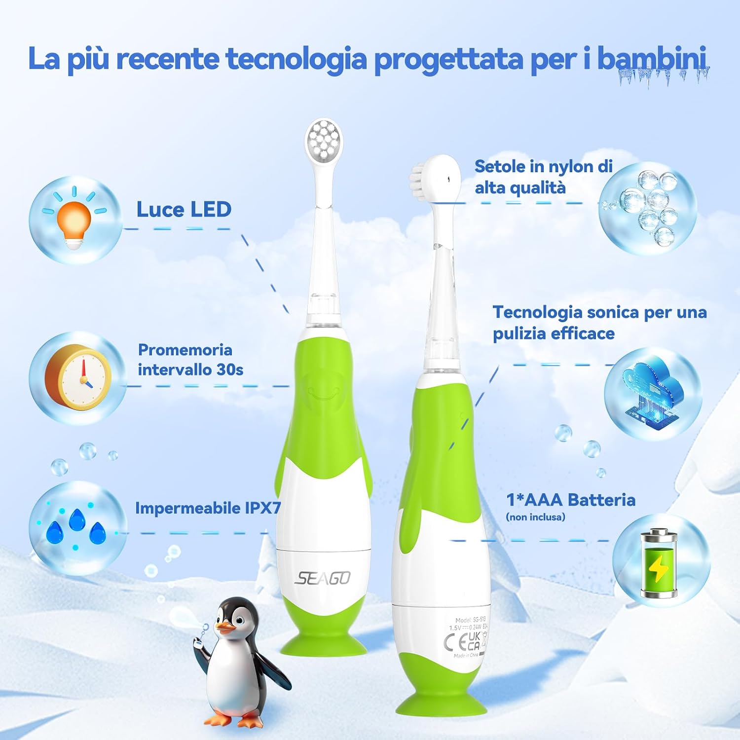 Detalle de Spazzolino Elettrico Bambini 0-6 anni a forma di pinguino con LED, timer 2 minuti e 4 testine (base a ventosa) 513 Blu/Verde