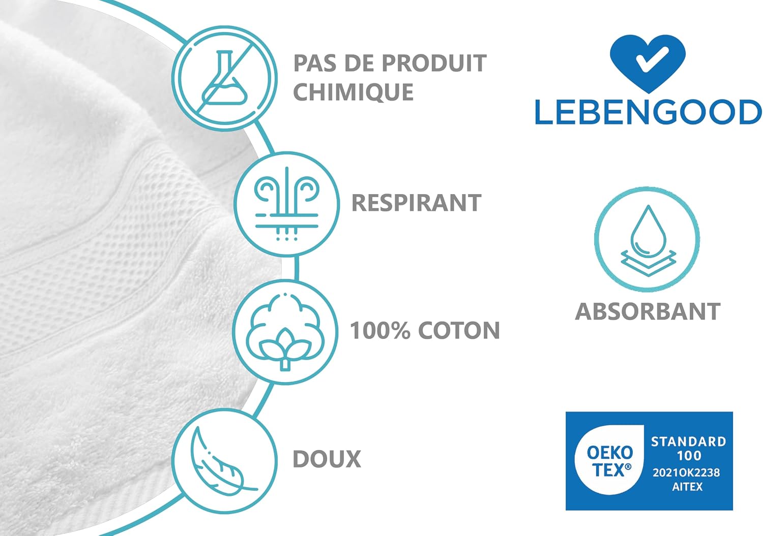 Thumbnail 2 de LEBENGOOD Lot de 4 Serviettes de Bain 100% Coton – Douche et Toilette Douche