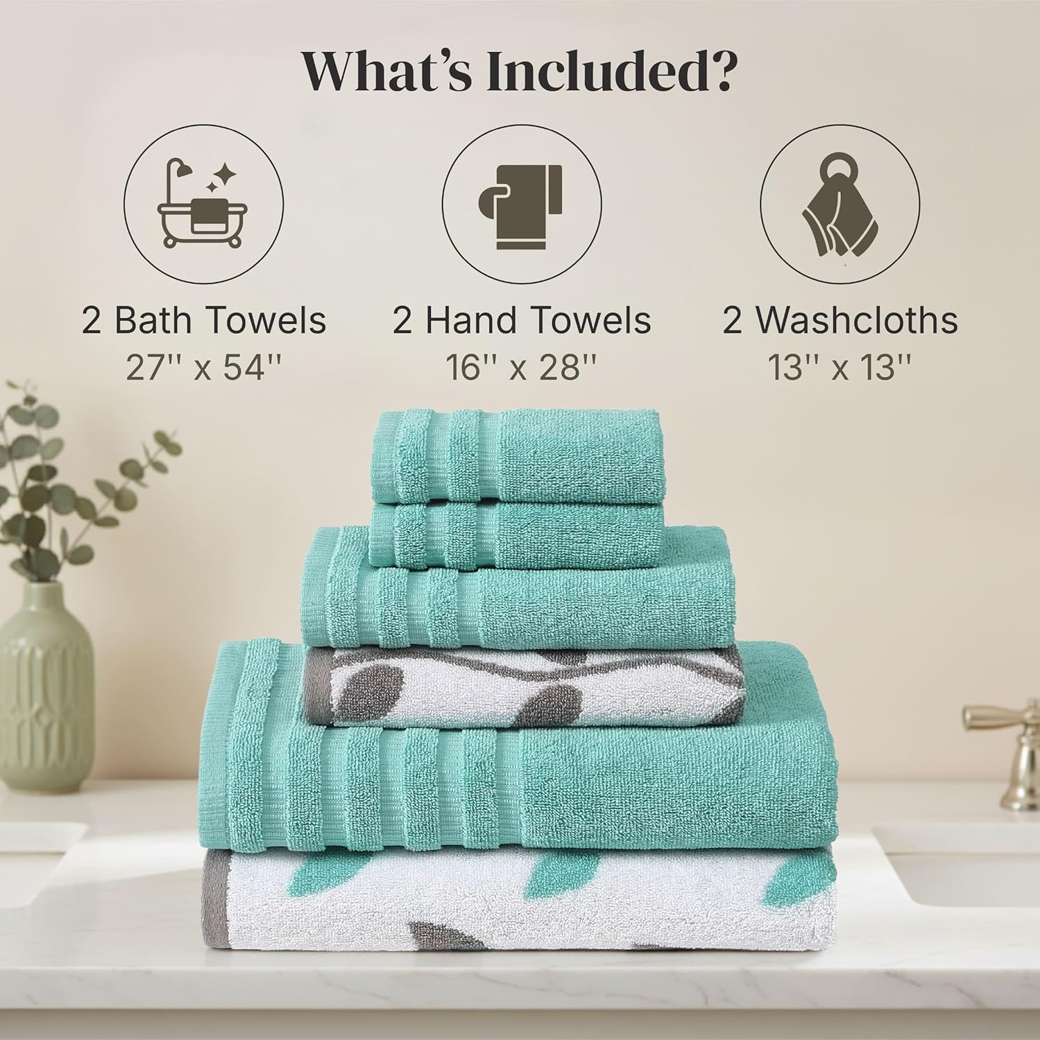 Thumbnail 2 de Modern Threads Natural Vine 6-Piece Cotton Towel Set (Aqua) – 2 Bath, 2 Hand, 2 Washcloths