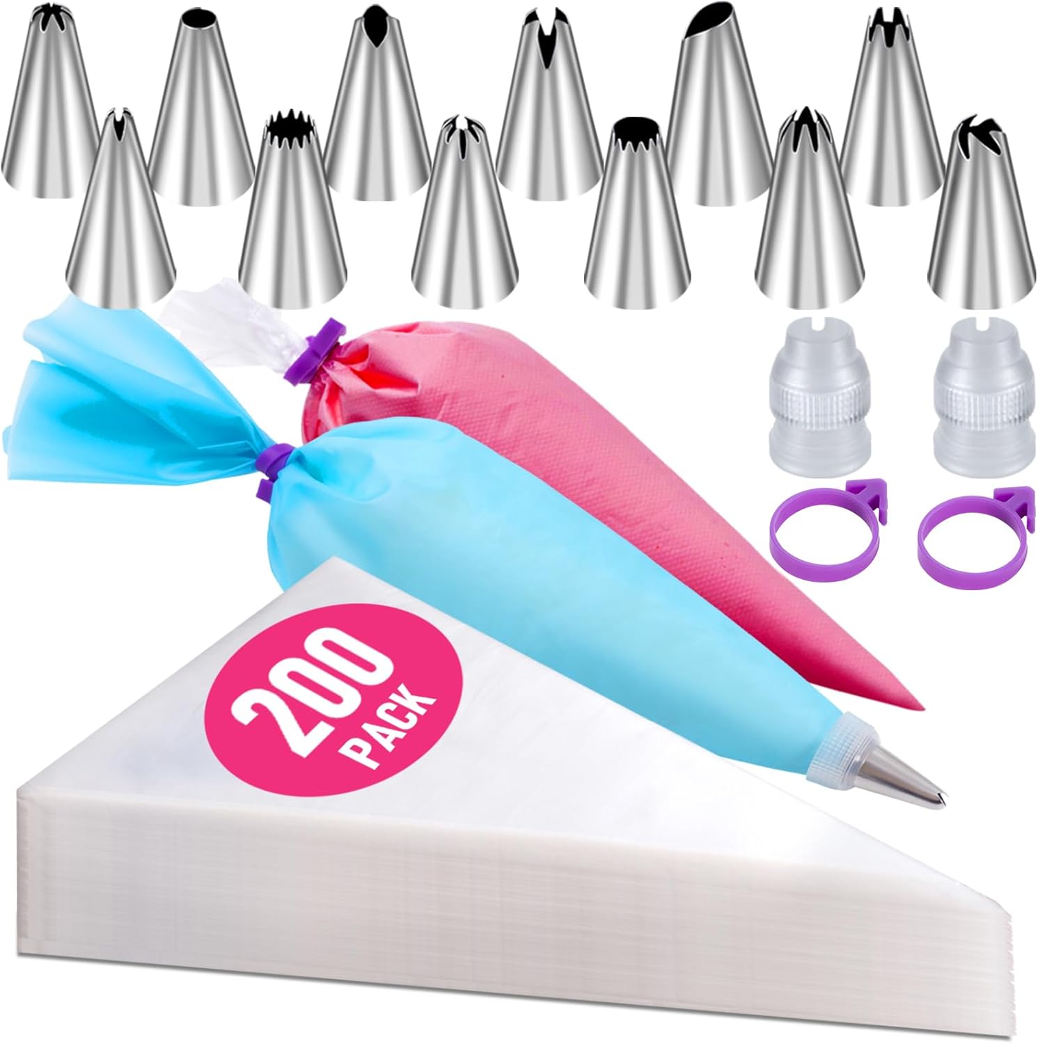 200Pcs Piping Bags and Nozzles Set – 12 Inch Pastry Bags with 12 Nozzles, 2 Couplers, 2 Bag Ties, Disposable + 1 Reusable Bag