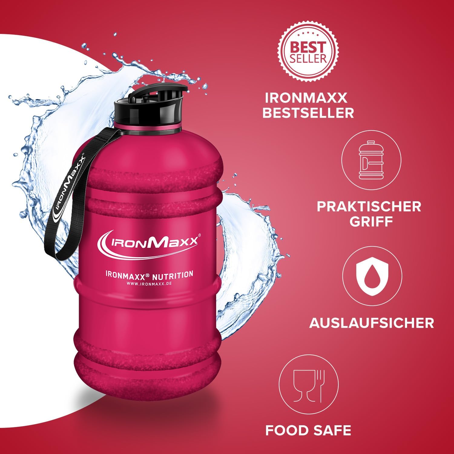 Detalle 2 de IronMaxx Water Gallon Frosted Red 2200ml – BPA & DEHP frei, auslaufsicher, mit Messskala