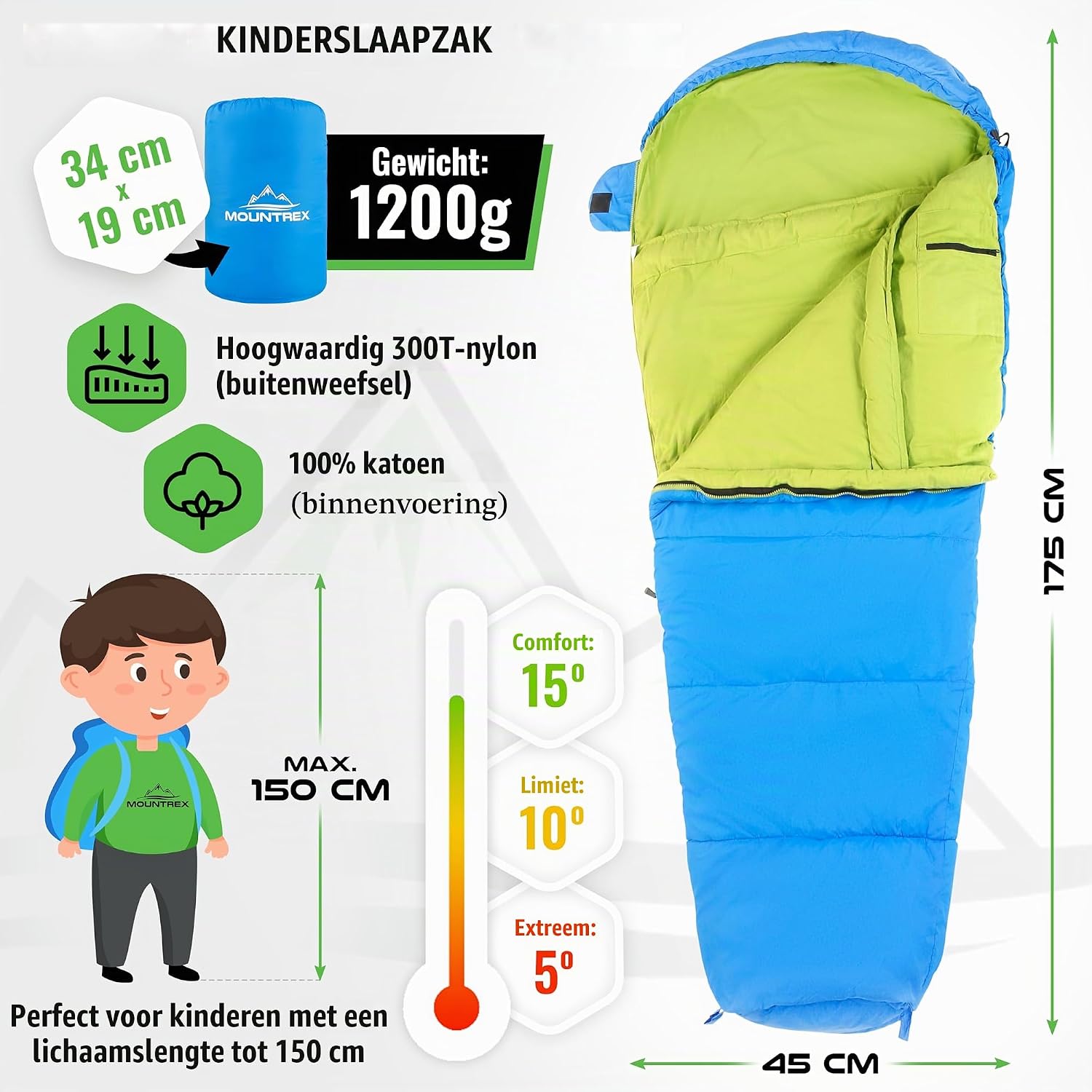 Detalle 2 de MOUNTREX kinderslaapzak 175 x 70 x 45 cm met katoenen voering