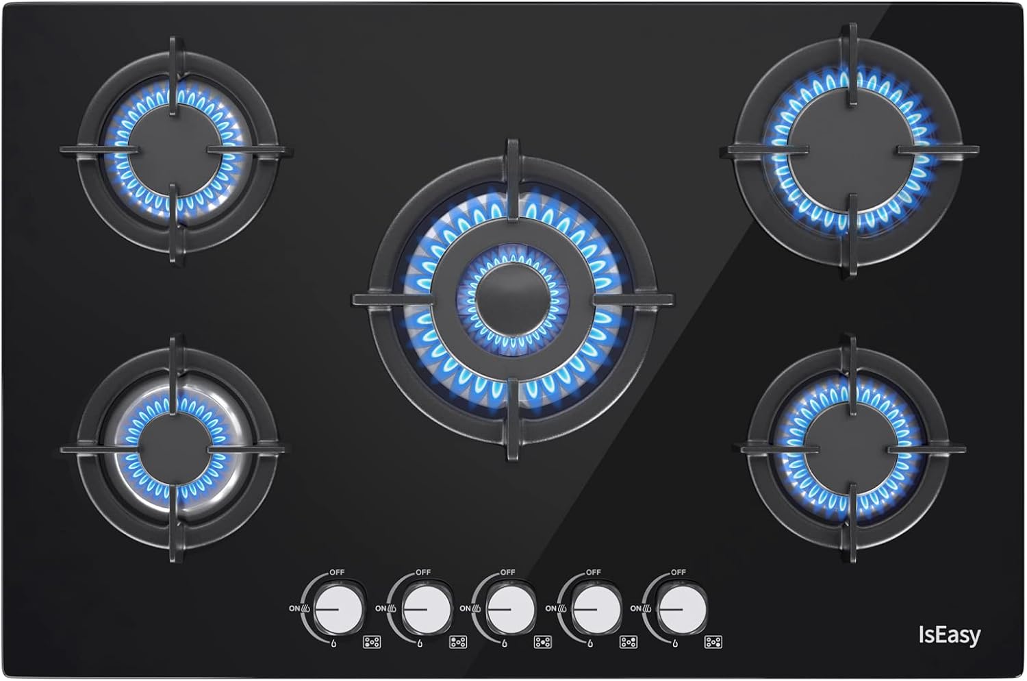 Detalle de Piano Cottura a Gas da Incasso 5 Fuochi 77 cm con Vetro Nero, Protezione Flame-Out