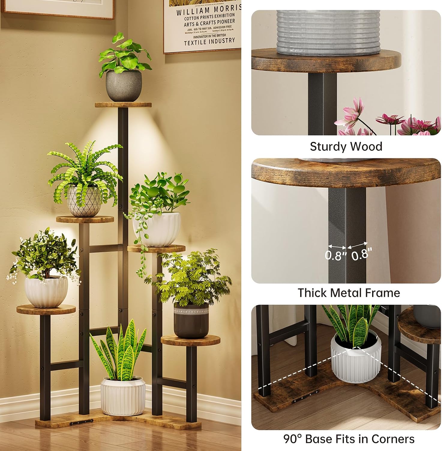 Thumbnail 4 de Yzosvki 6-Tier Corner Plant Stand with Grow Lights, Rustic Brown