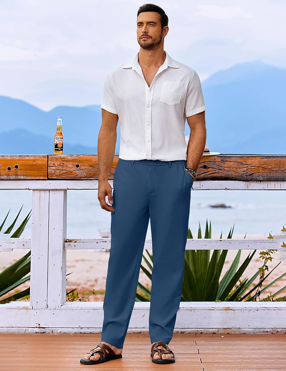 Detalle 2 de COOFANDY Pantalon homme en lin léger décontracté d’été, avec taille élastique