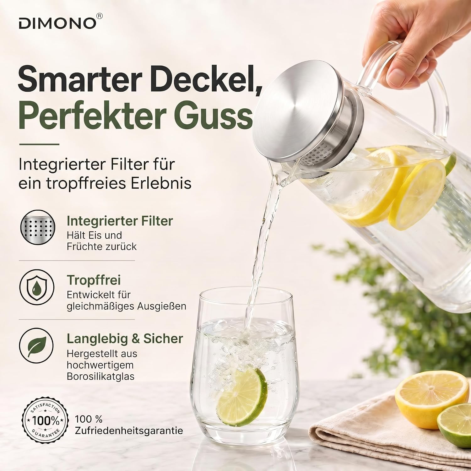 Thumbnail 3 de Dimono Glass Water Jug, 1.5L Borosilicate Carafe with Stainless Steel Filter