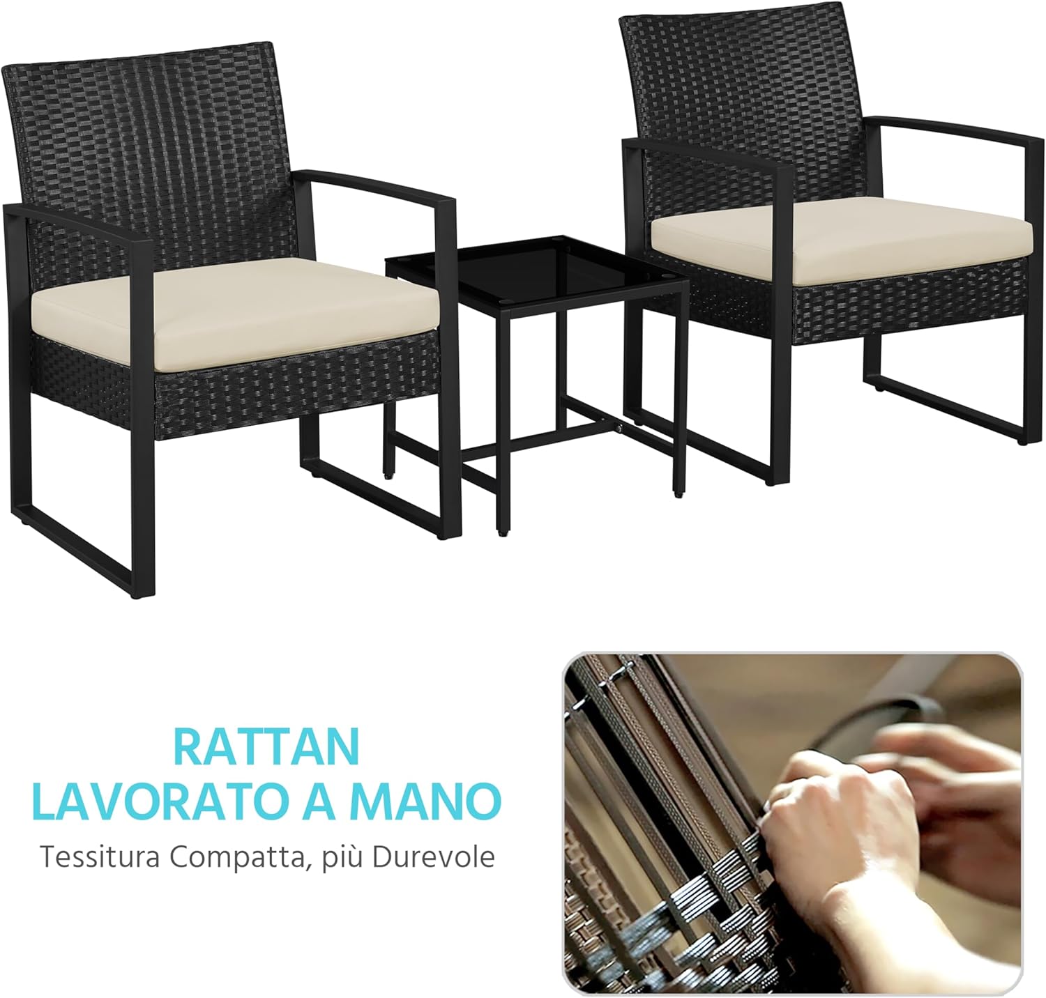 Thumbnail 3 de Yaheetech Set mobili da giardino in poly rattan con 2 sedie e tavolino da balcone, con cuscini (interno nero/beige)