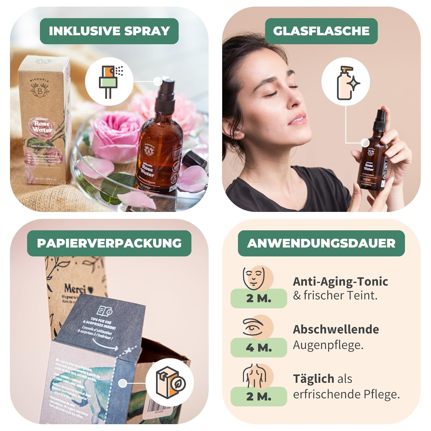 Thumbnail 3 de BIONOBLE Rosenwasser Bio – Gesicht, Haare und mehr in einer Glasflasche (100 ml)