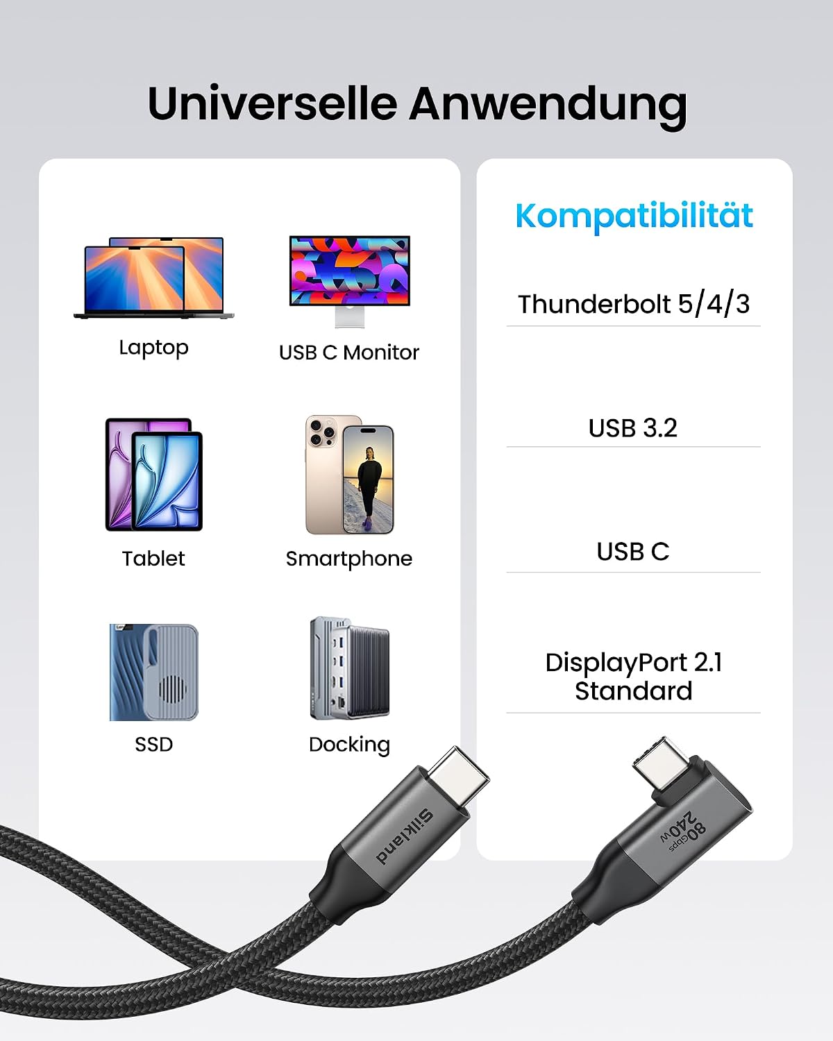 Thumbnail 6 de Silkland USB4 V2.0 Kabel (90 Grad) 80 Gbps für Thunderbolt 5/4/3, 2 m – mit Bandwidth Boost, 240 W PD3.1