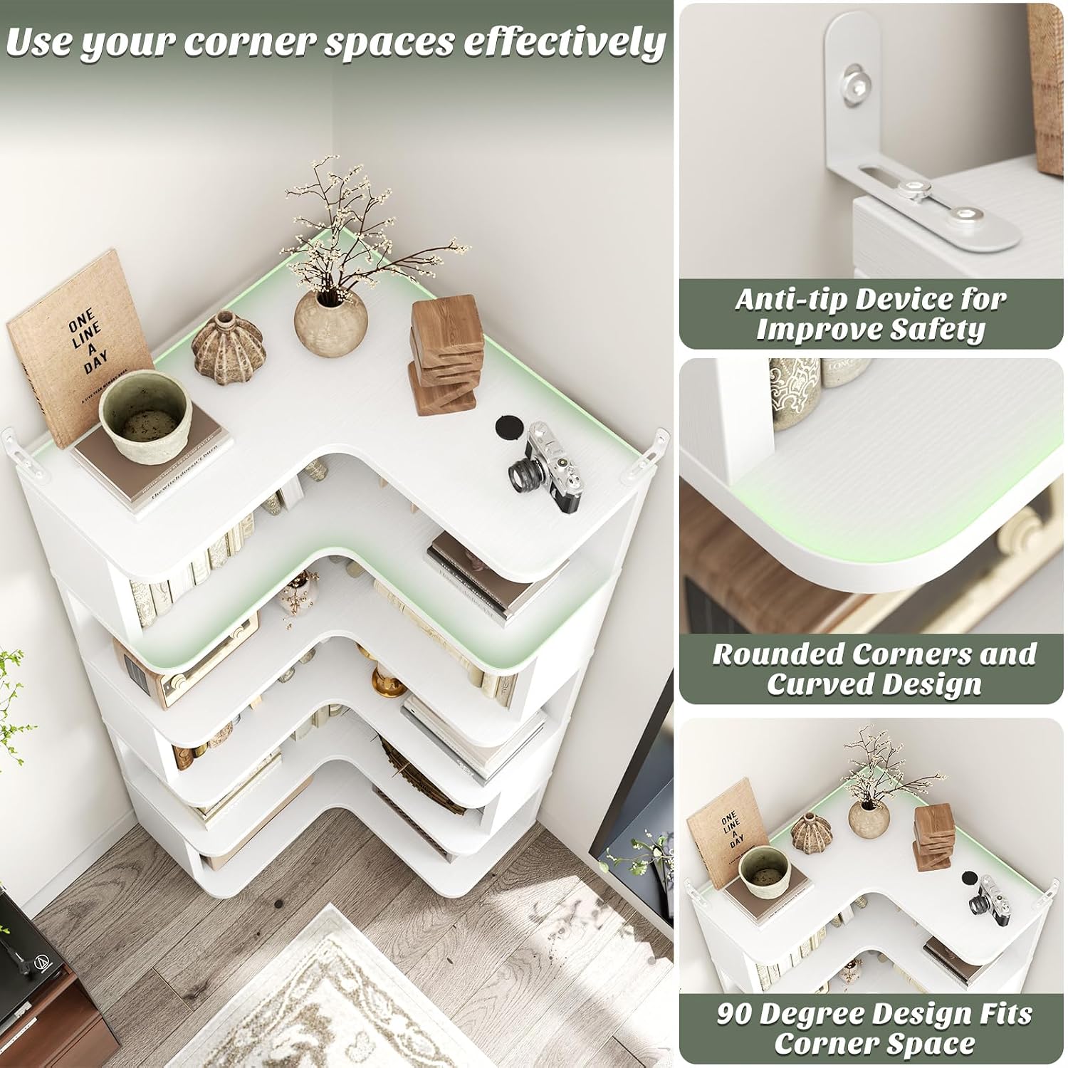 Detalle 2 de Armocity Corner Book Shelf (6-Shelf L-Shaped Corner Bookshelf) in White