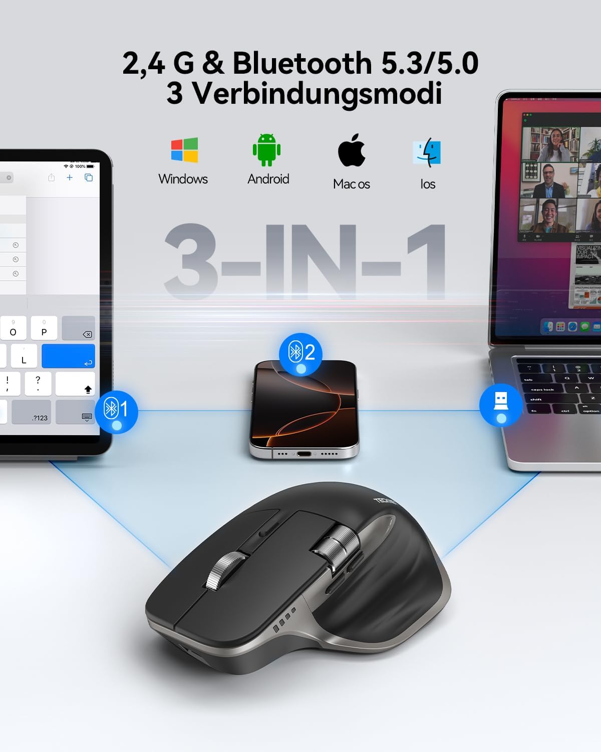 Detalle 2 de TECKNET Bluetooth kabellose Maus – Ergonomische 7-Tasten-Maus mit Daumenrad, 4800 DPI, BT 5.3/5.0 + 2,4 GHz, USB-C Schnellladung