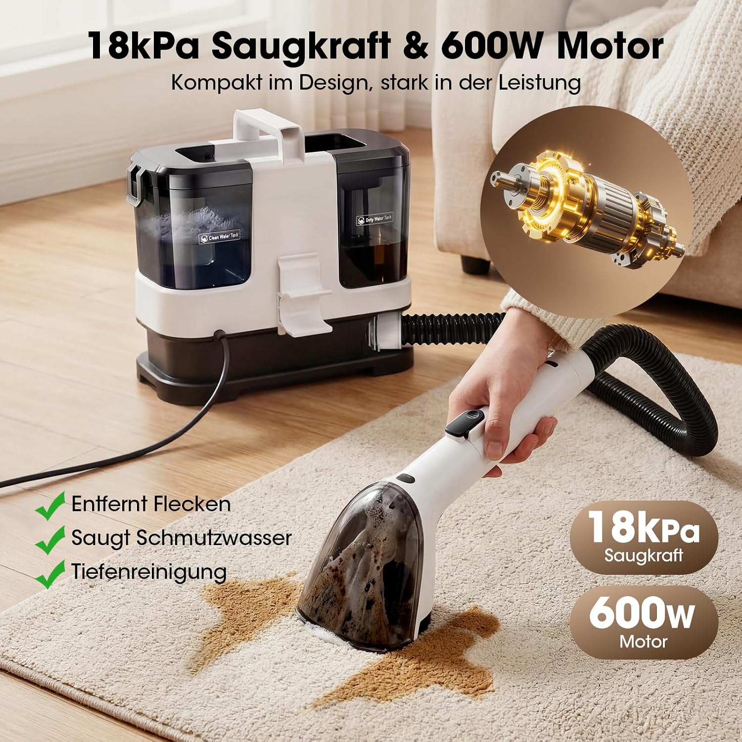 Detalle de Lubluelu Nasssauger Polsterreiniger 600 W – kompakter Tiefenreiniger für Teppiche, Polster & Auto