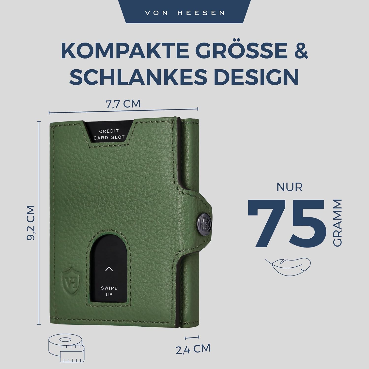 Detalle 2 de VON HEESEN Slim Wallet mit XXL Münzfach & RFID-Schutz – Echtes Leder, kompakt und grün