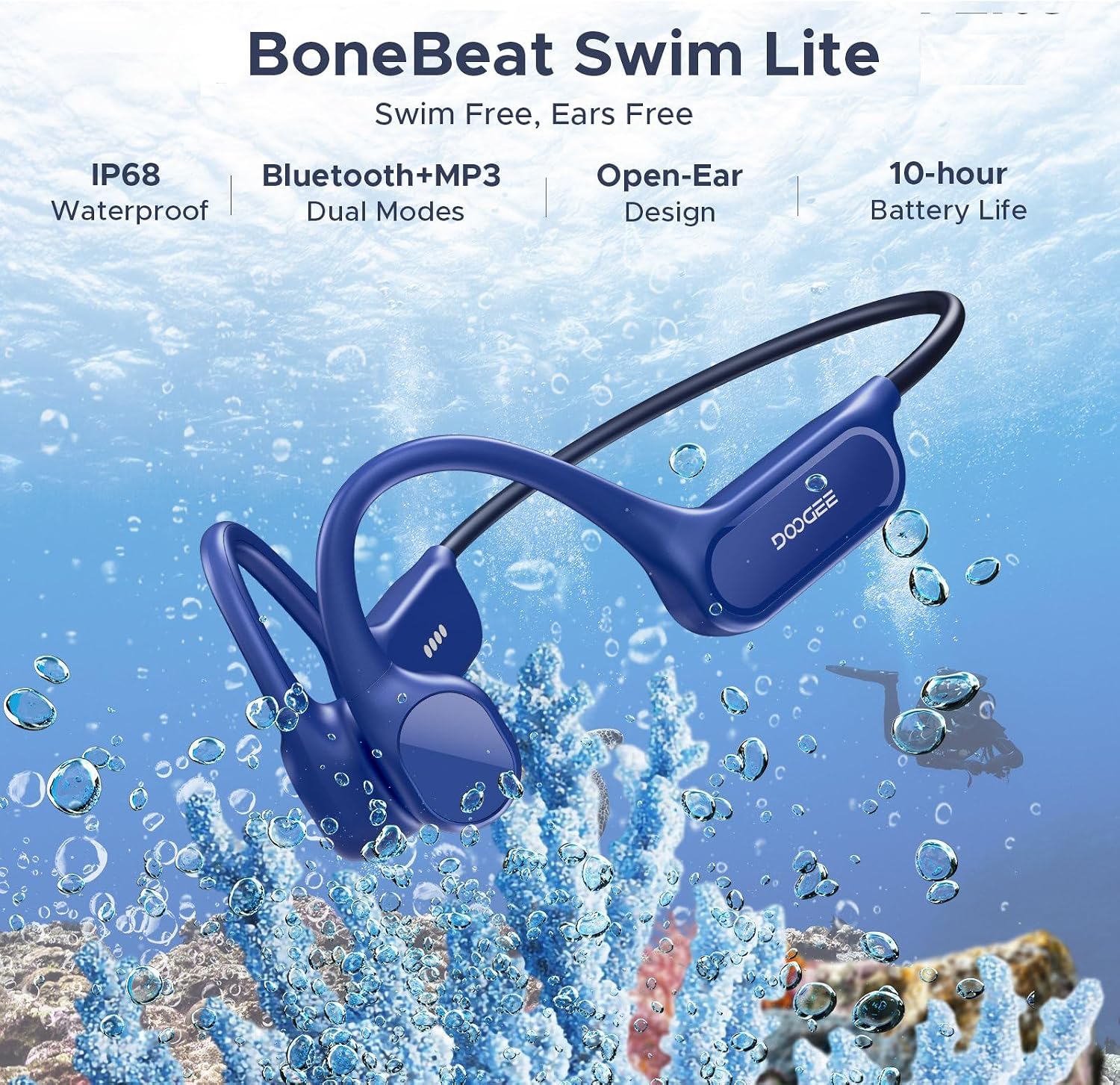 Detalle de DOOGEE eco Bone Conduction Headphones: IP68 Waterproof Open-Ear MP3 Headphones with 32GB