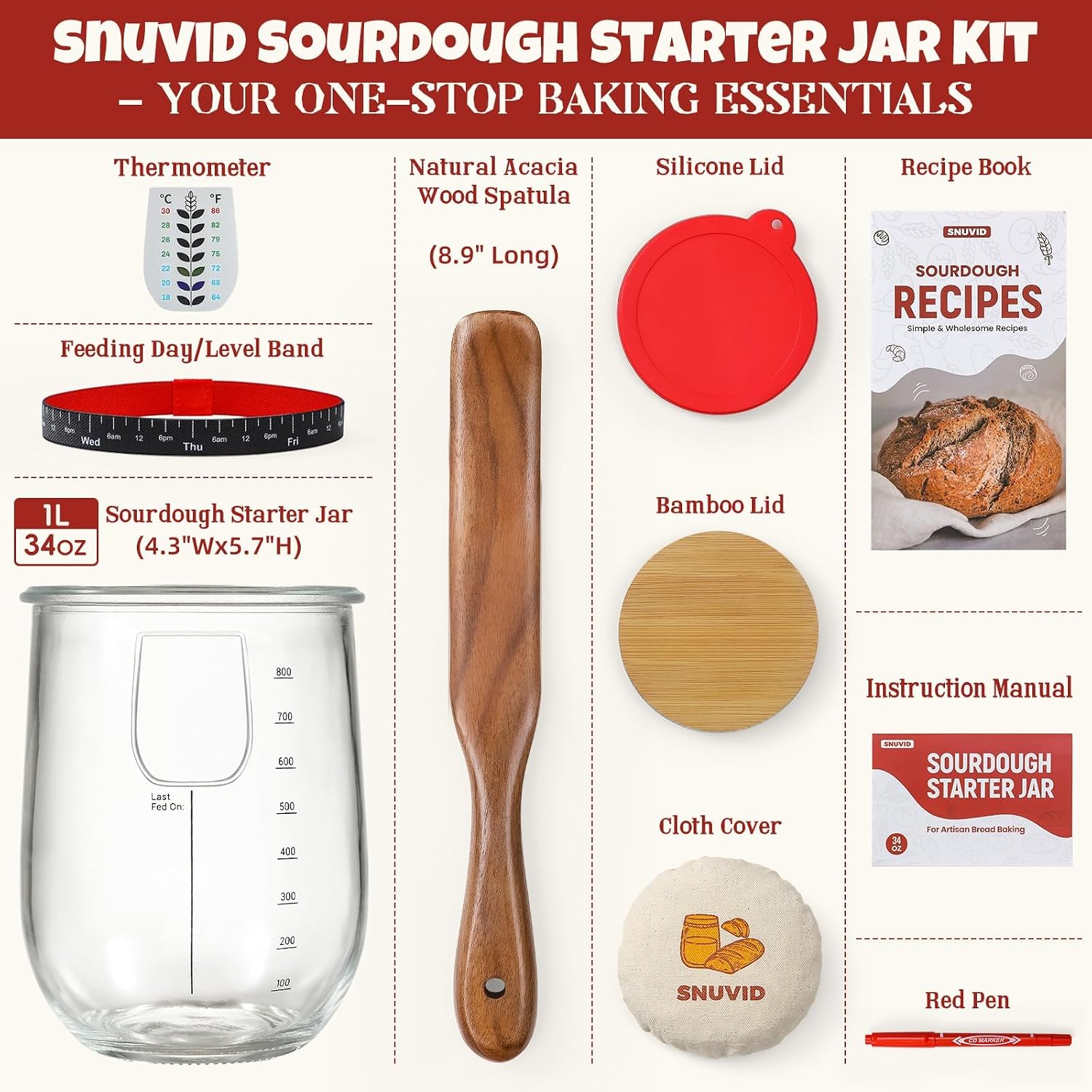 Thumbnail 1 de Snuvid 1 L Sourdough Starter Jar Kit, Wide-Mouth Glass with Three Lids
