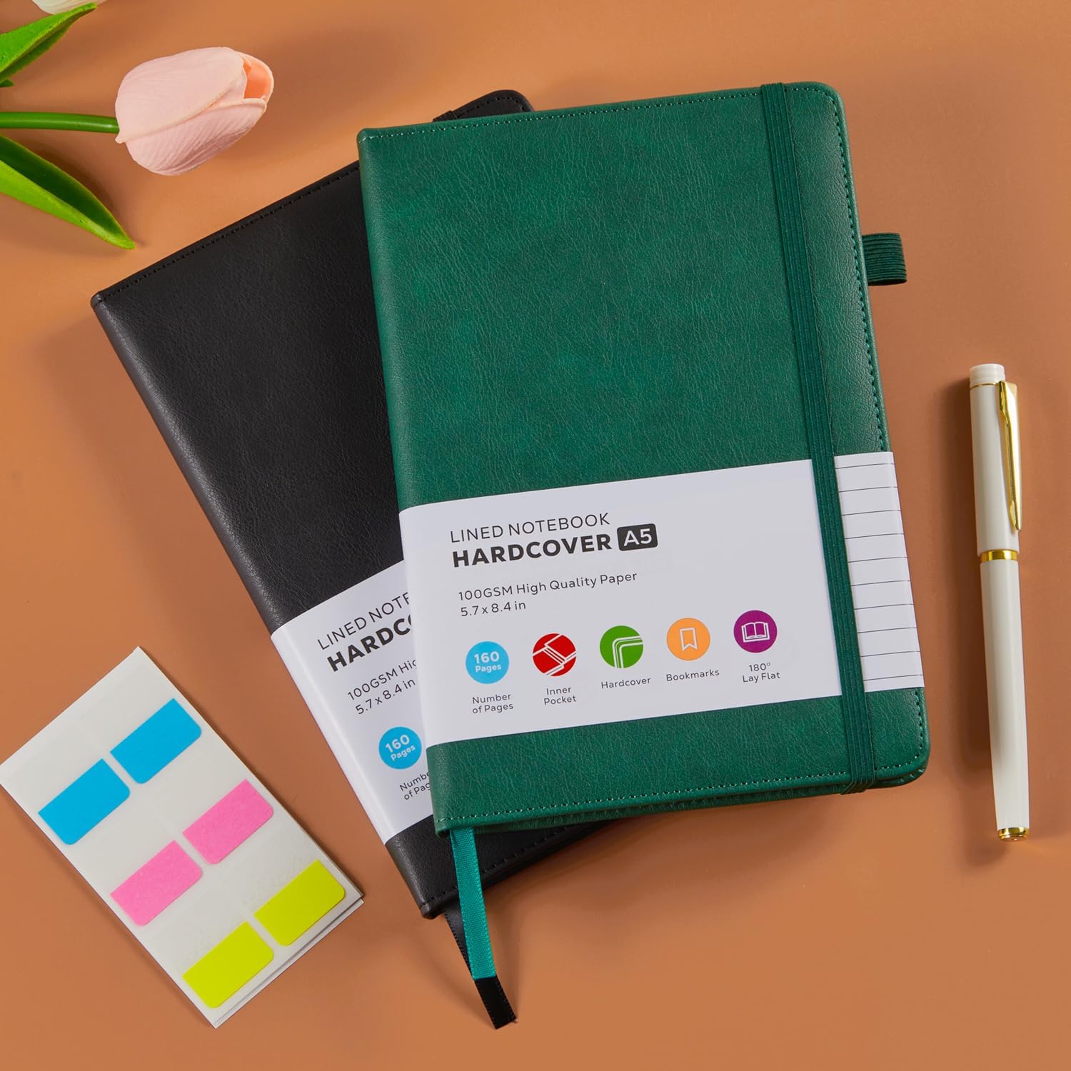 Thumbnail 5 de FOCUS DAY 2 Pack A5 Journal Notebook – Faux Leather, 100gsm, 2 × A5, 14.5 x 21.3 cm, Green & Black