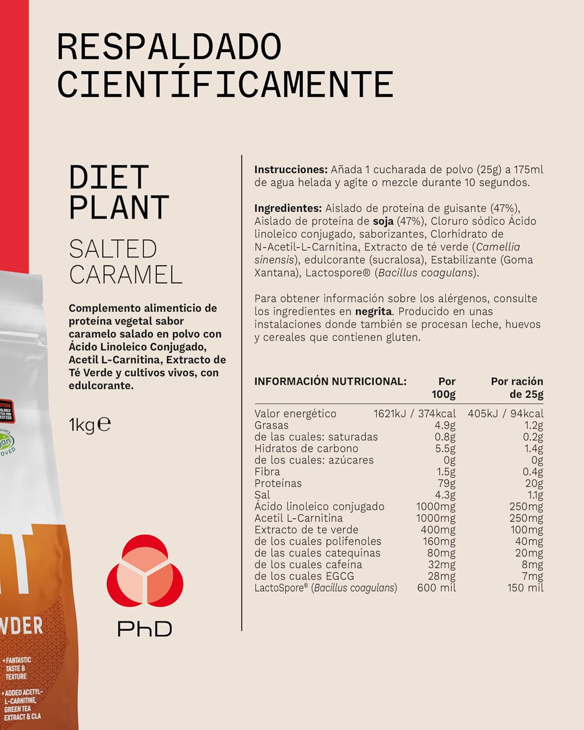 Detalle 2 de PhD Nutrition Diet Plant Proteína Vegana en Polvo 1kg 🍬