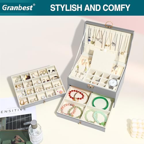Thumbnail 1 de Granbest Portagioie a 3 strati con 2 cassetti – Porta gioielli in pelle grigio