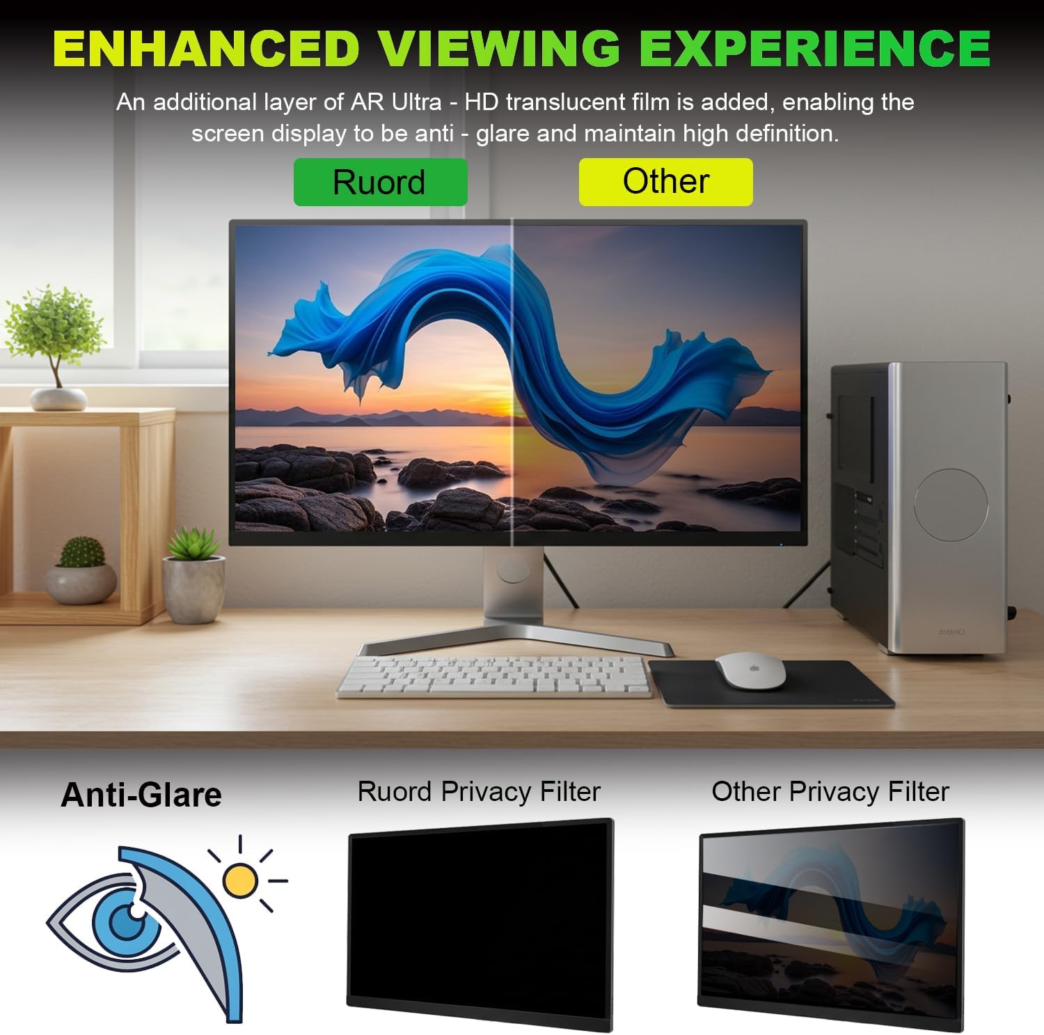 Thumbnail 5 de Ruord 2 Pack Privacy Screen for 23.8 Inch Monitors (52.7x29.8cm) with Blue Light Filter and Anti-Glare