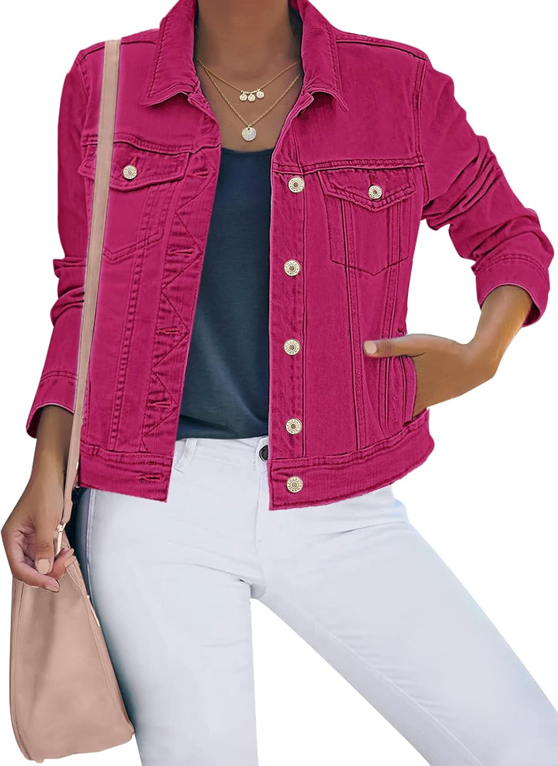 Thumbnail 6 de luvamia Women's Basic Button Down Stretch Fitted Long Sleeves Denim Jean Jacket
