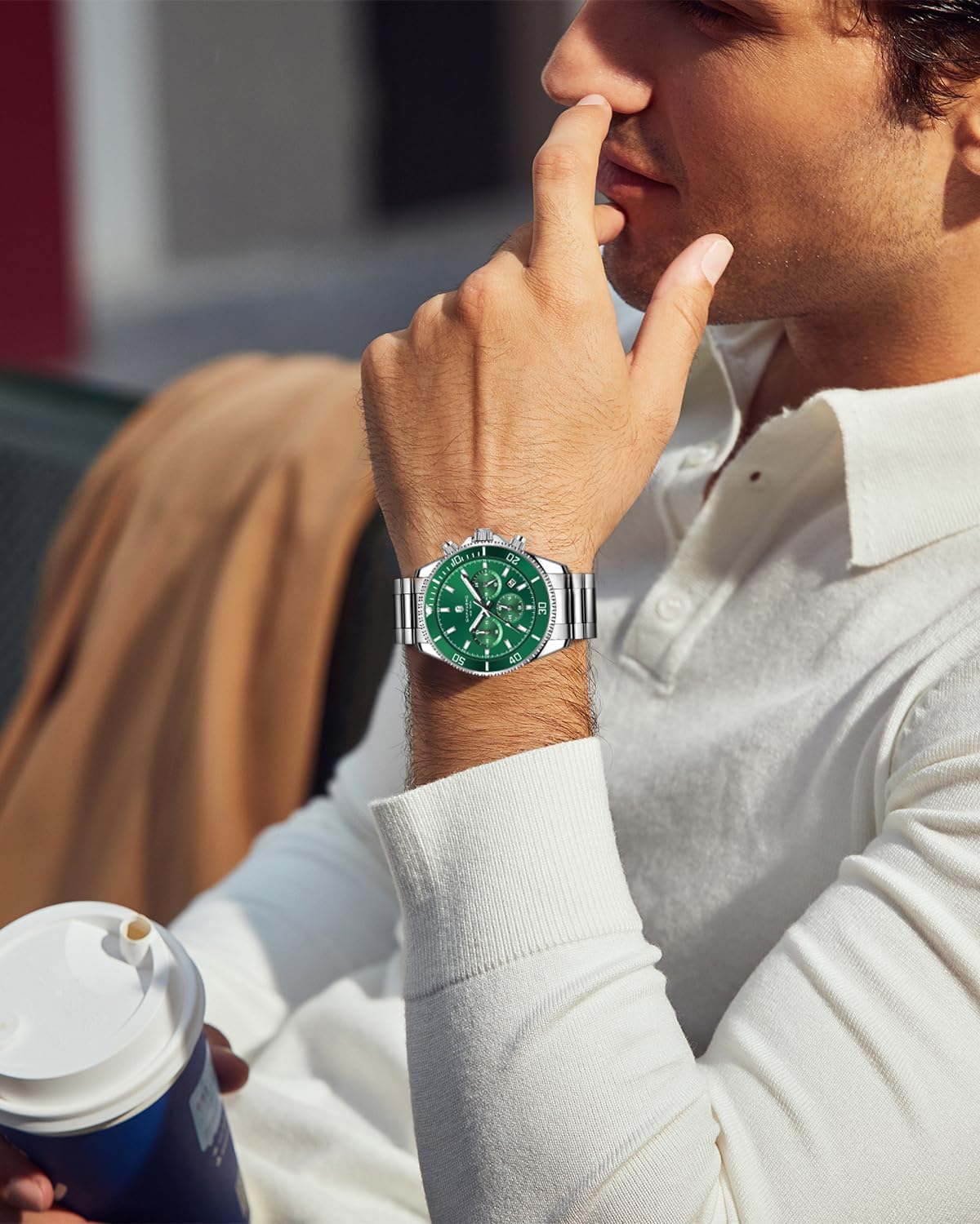 Detalle 2 de SAPPHERO Herrenuhr Chronograph Analog Quarz 50M – Edelstahl, 42 mm Zifferblatt, Kalender, Geschenkidee
