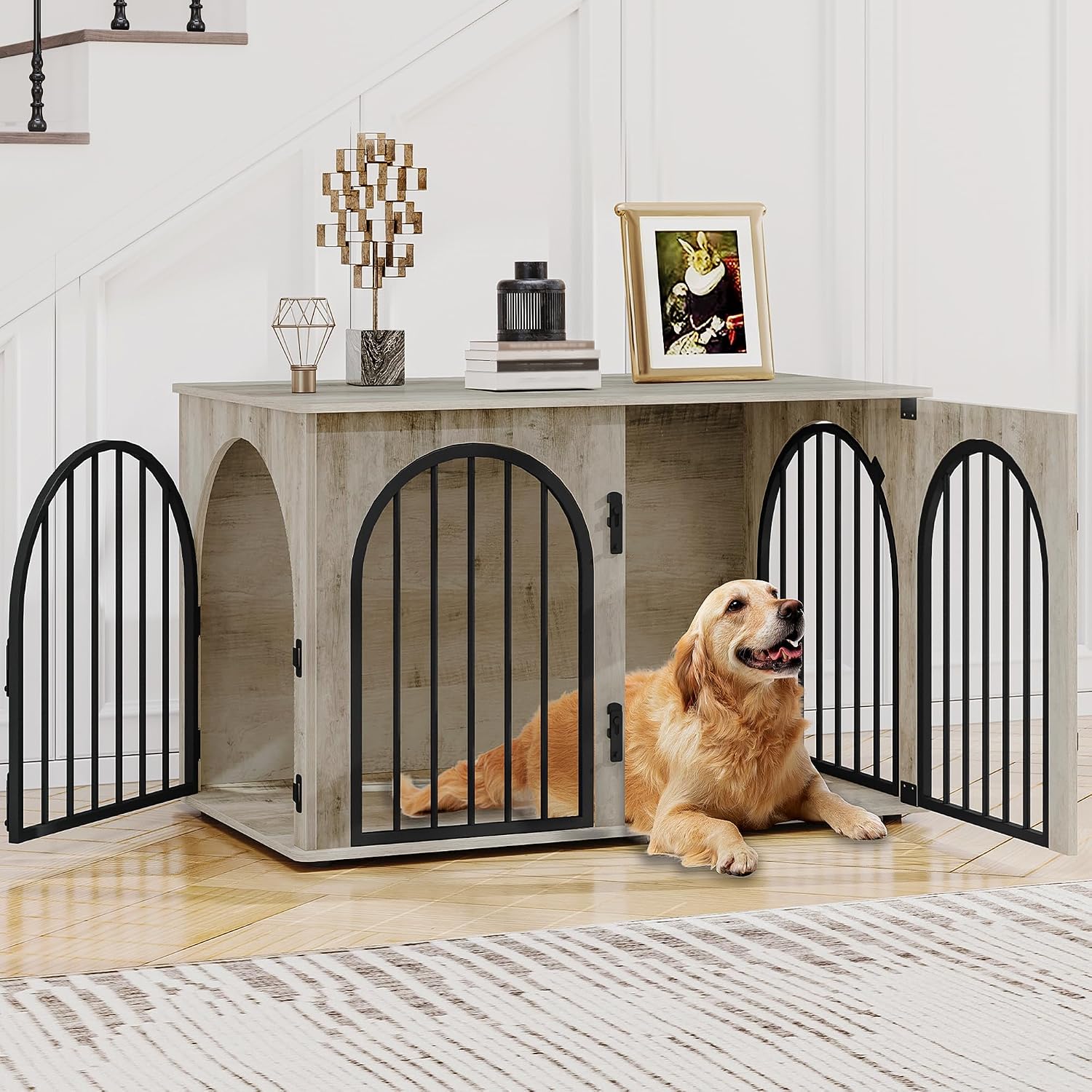 Detalle de Hzuaneri Hundekäfig Möbel DFC84105B – 100 cm Hundebox mit 3 Türen und Bogentür für Zuhause