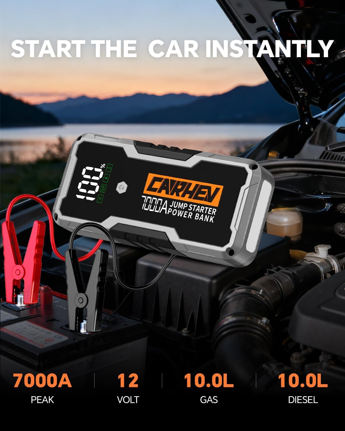 Detalle de CARHEV 7000A Jump Starter Power Pack: 12V Battery Booster with USB Power Bank