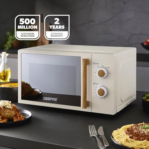 Detalle de GEEPAS NordiQ 20L Microwave Oven: 700W, 5 Power Levels, 35-Minute Timer in Cream