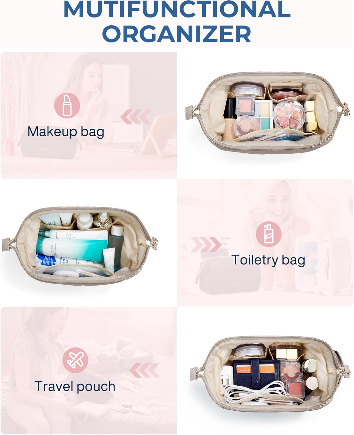 Detalle 2 de BAGSMART Makeup Bag Travel Cosmetic Bag, Puffy Padded Large Capacity in Camel