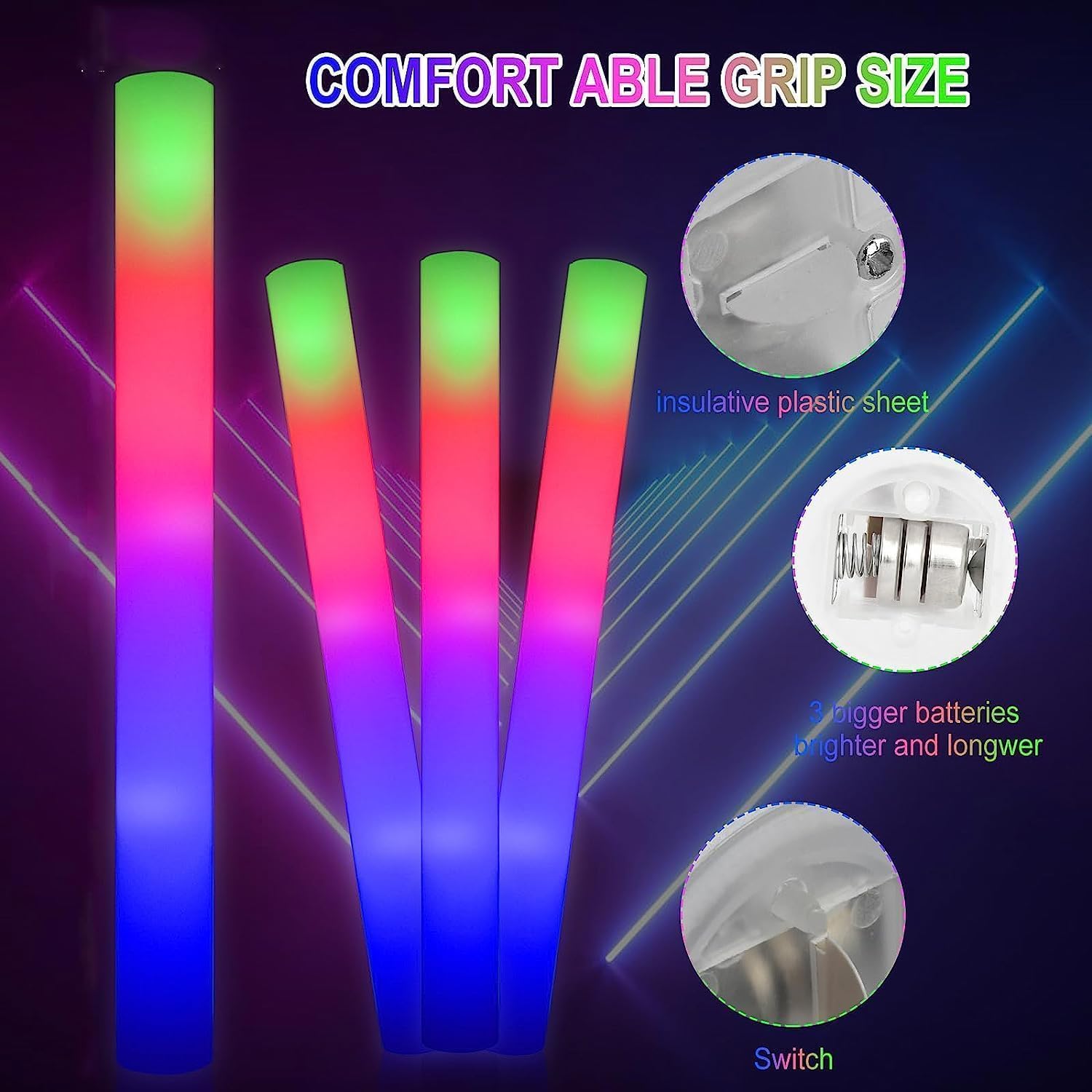 Detalle 2 de YQXTOOEL 102pcs Giant Glow Foam Sticks with 3 flashing modes