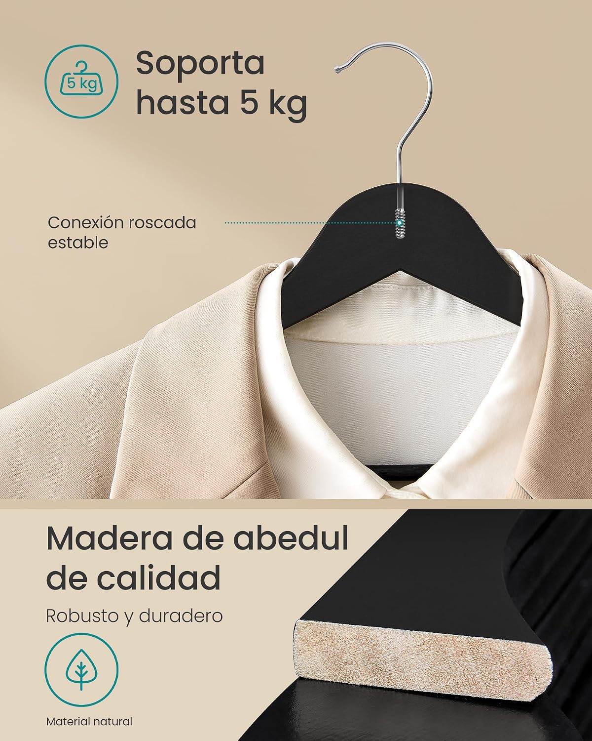 Detalle de SONGMICS Percha de Madera Juego 30 0,8 cm