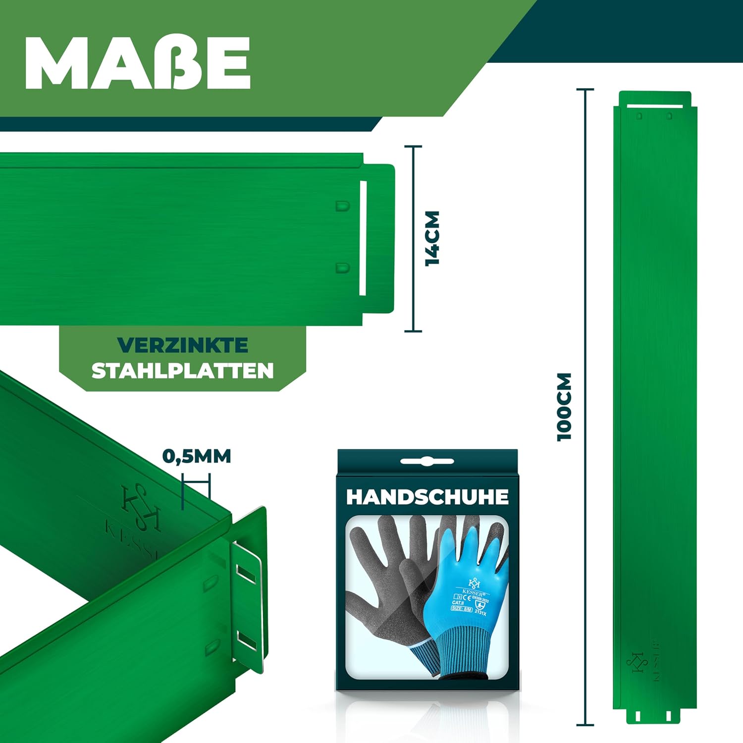 Thumbnail 6 de KESSER Rasenkante Beeteinfassung – Beetumrandung mit Handschuhen 10 m, 100 x 14 cm, Metall Palisade, Silber