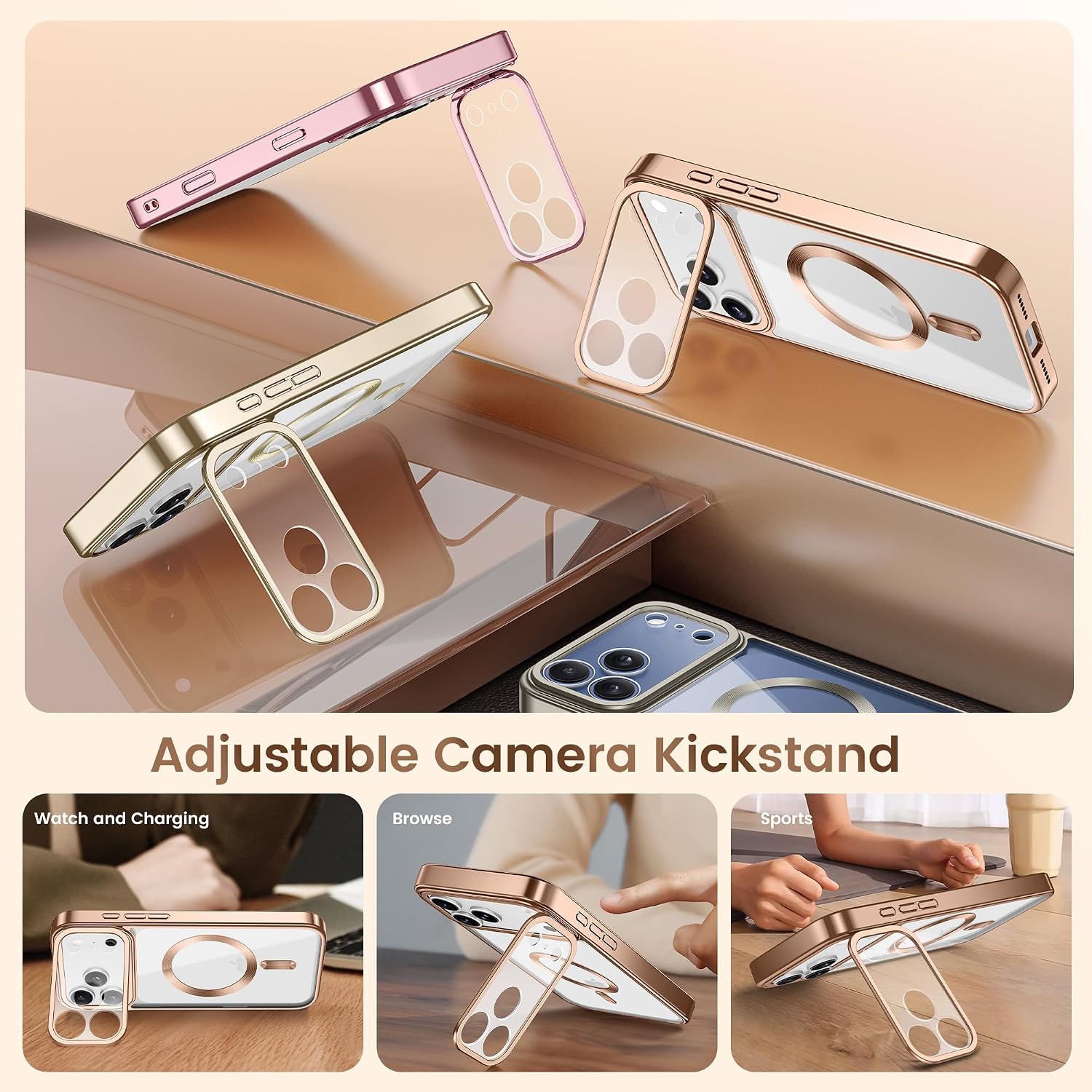 Detalle de GolbinBox iPhone 17 Pro Case with Stand (6.3 inches) for MagSafe, Rose Gold/Clear