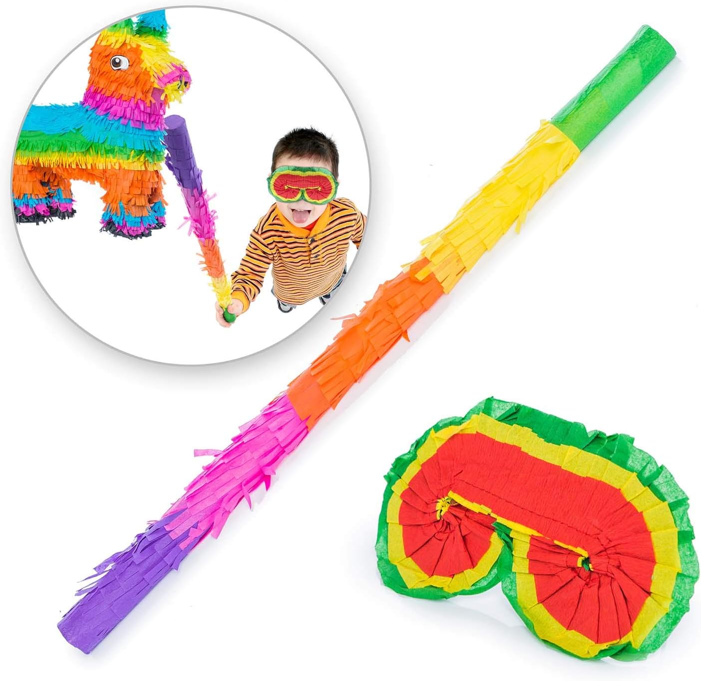 Detalle de GOODS+GADGETS® piñataset med ögonmask, käpp och färgglatt silkespapper