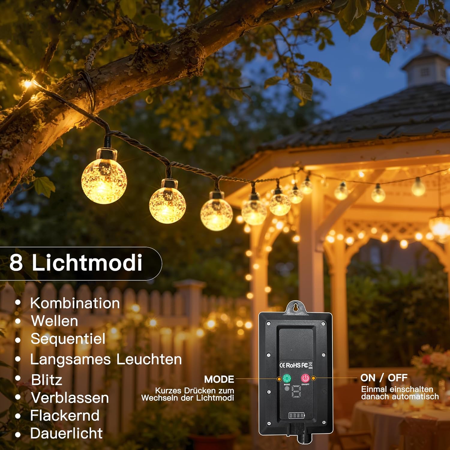 Detalle de Hopexy Solar Lichterkette Außen – 10 m, 100 LEDs, IP65/IP44, 8 Modi, Warmweiß