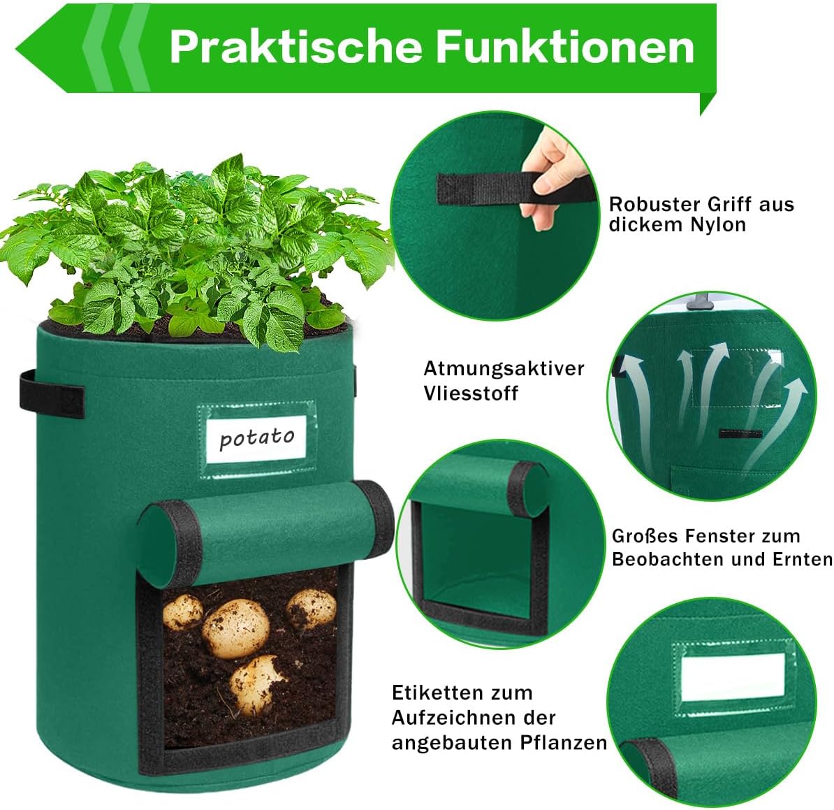 Detalle de Airminti Kartoffel Pflanzsack 50L im 3er Set – Premium Vliesstoff mit Erntefenster, Pflanzmatte & verstärkten Griffen