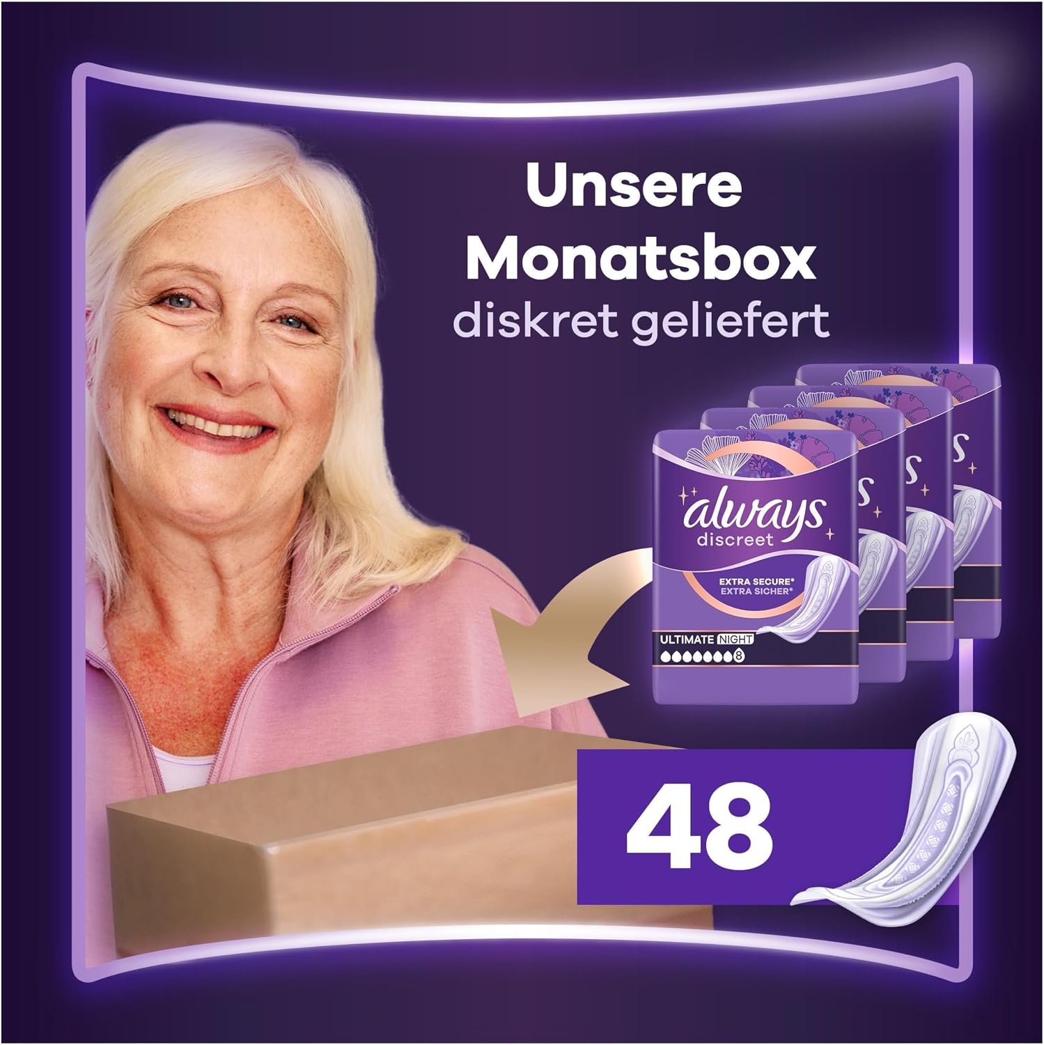 Detalle de Always Discreet Inkontinenzeinlagen Ultimate Nacht für Frauen – 48 Stück, Extra Sicher & Diskret