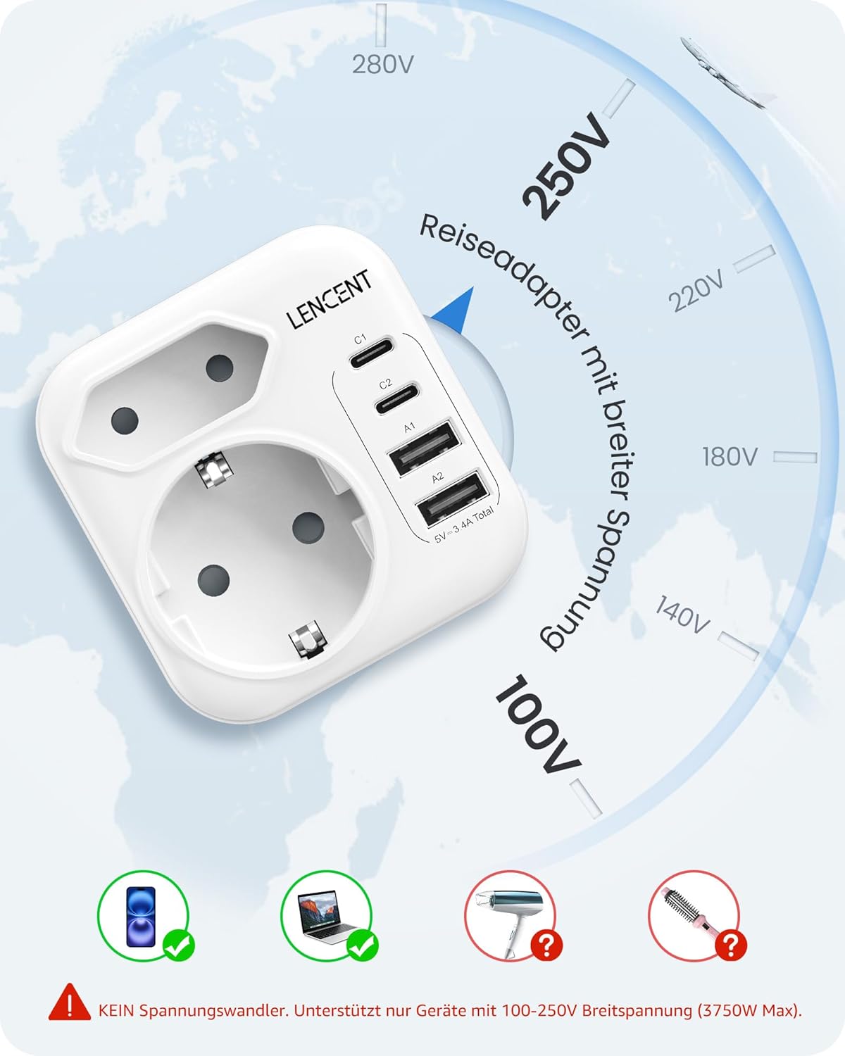 Detalle de LENCENT klappbarer Reiseadapter Japan (Typ A) mit USB-C & USB-A – 6-fach, kompakt für Deutschland/USA/Kanada/Thailand