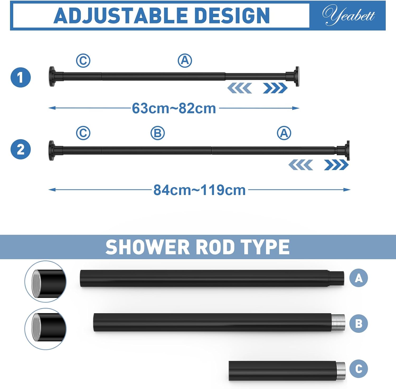 Thumbnail 1 de Yeabett Lot de 2 tringles à rideaux télescopiques sans perçage – 53–119 cm – Noir