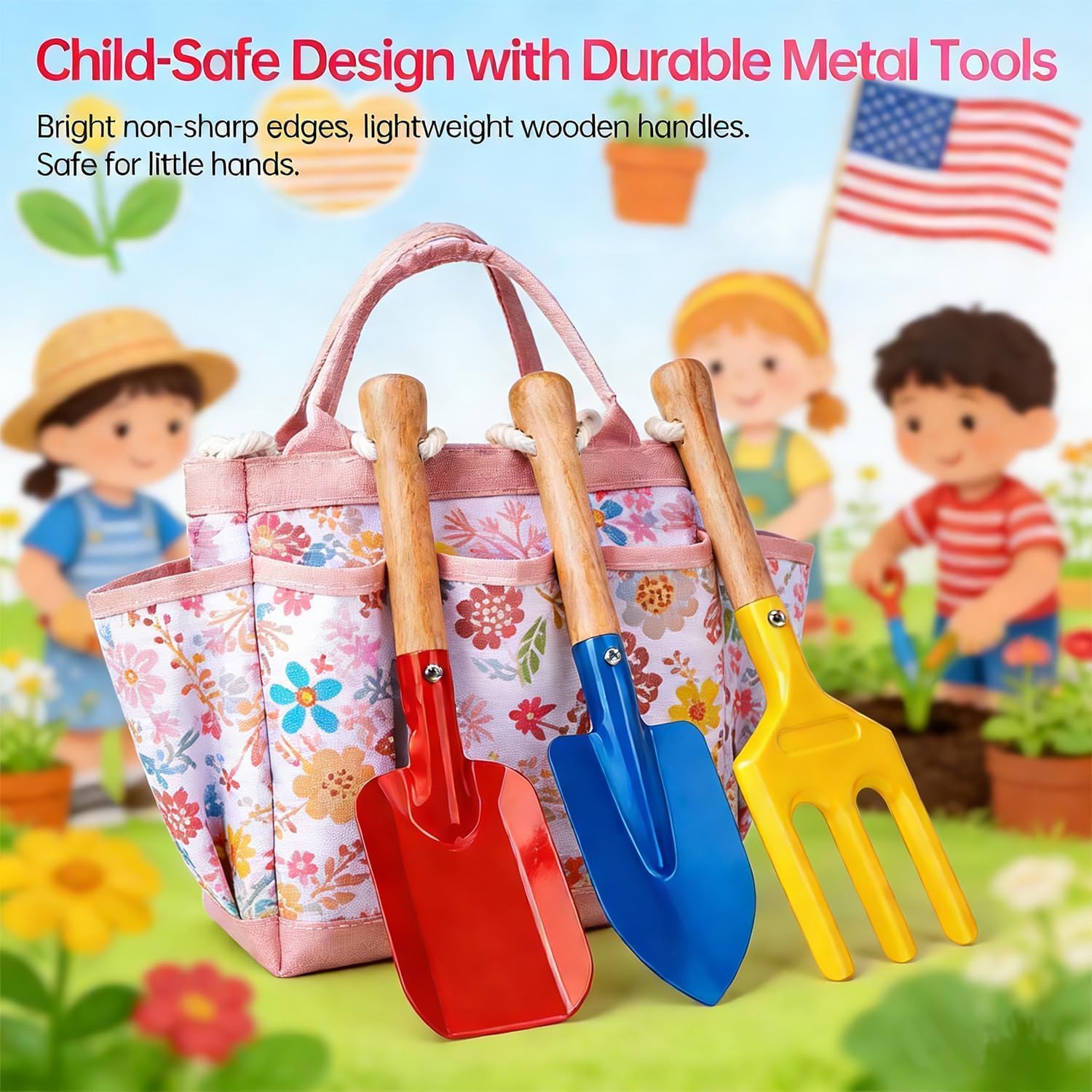 Detalle de Kids Gardening Tools Set Toddler Gardening Kit with Apron & Tote Bag, Shovel, Fork, Trowel and Gloves
