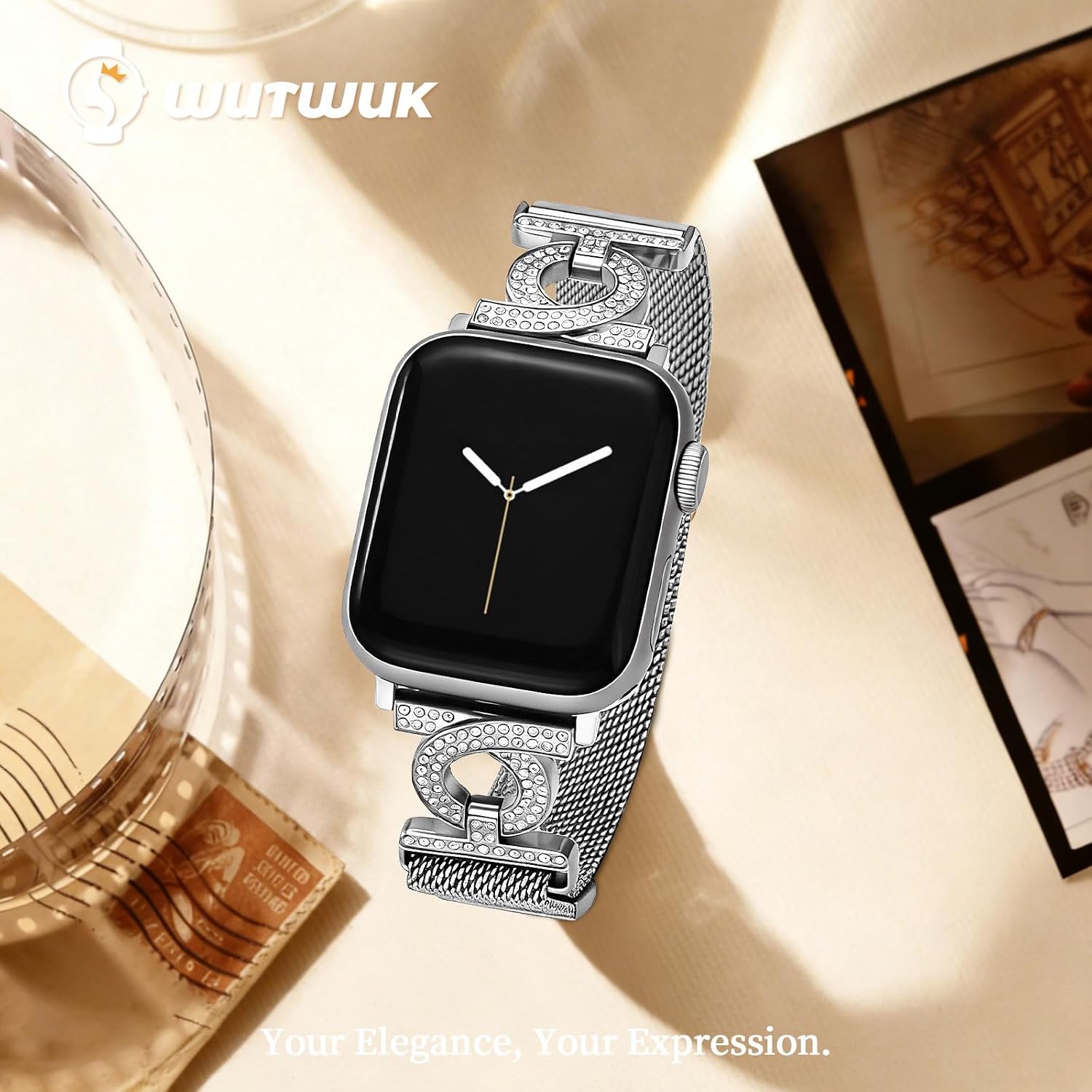 Detalle 2 de wutwuk Rhinestone magnetic mesh Apple Watch strap (38/40/41/42mm) – women’s stainless steel, adjustable lock clasp