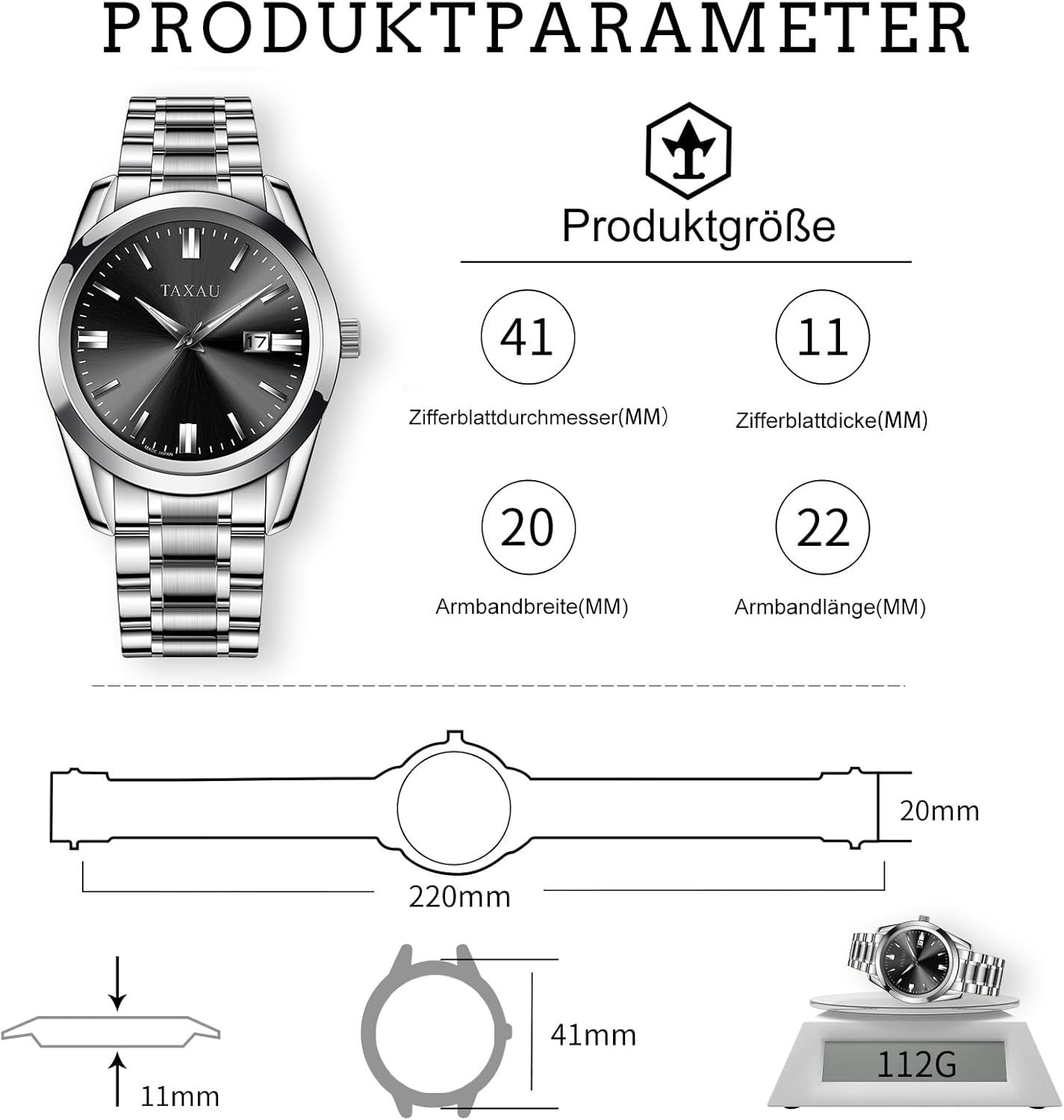 Thumbnail 3 de Taxau Herrenuhr aus Edelstahl mit schwarzem Zifferblatt, Datumsfenster & 3-ATM-Wasserschutz