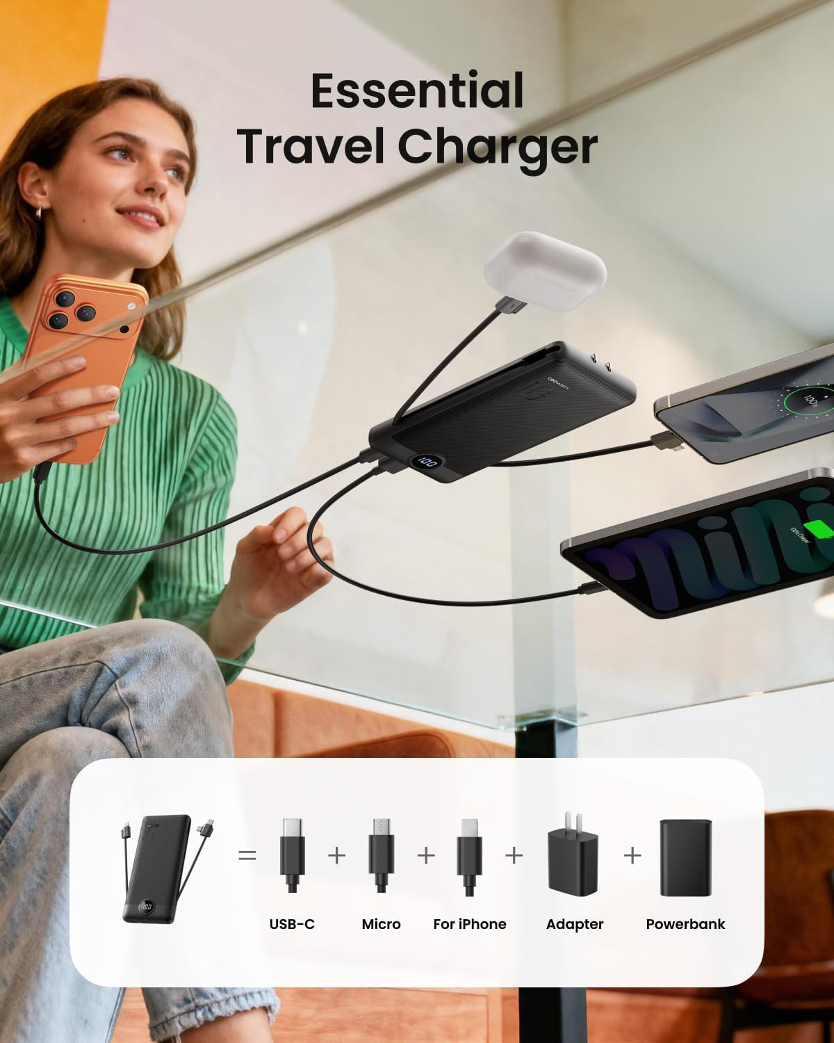 Thumbnail 5 de Coowisty CW3 10,000mAh Power Bank with Wall Plug, Built-In Cables and LED Display