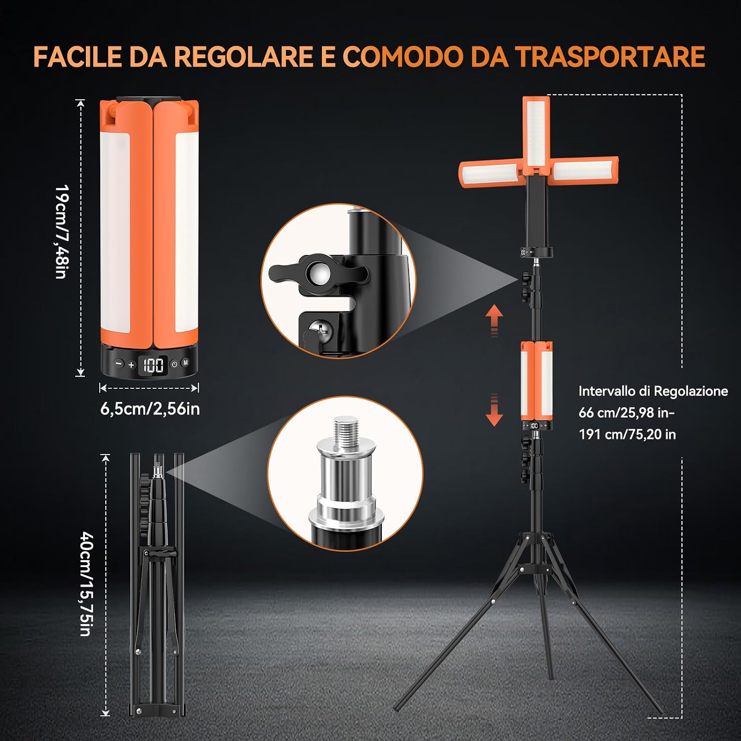 Detalle de Lampada da campeggio ricaricabile con treppiede e 12000 mAh – 6000 lm, 3 colori di luce, IP65